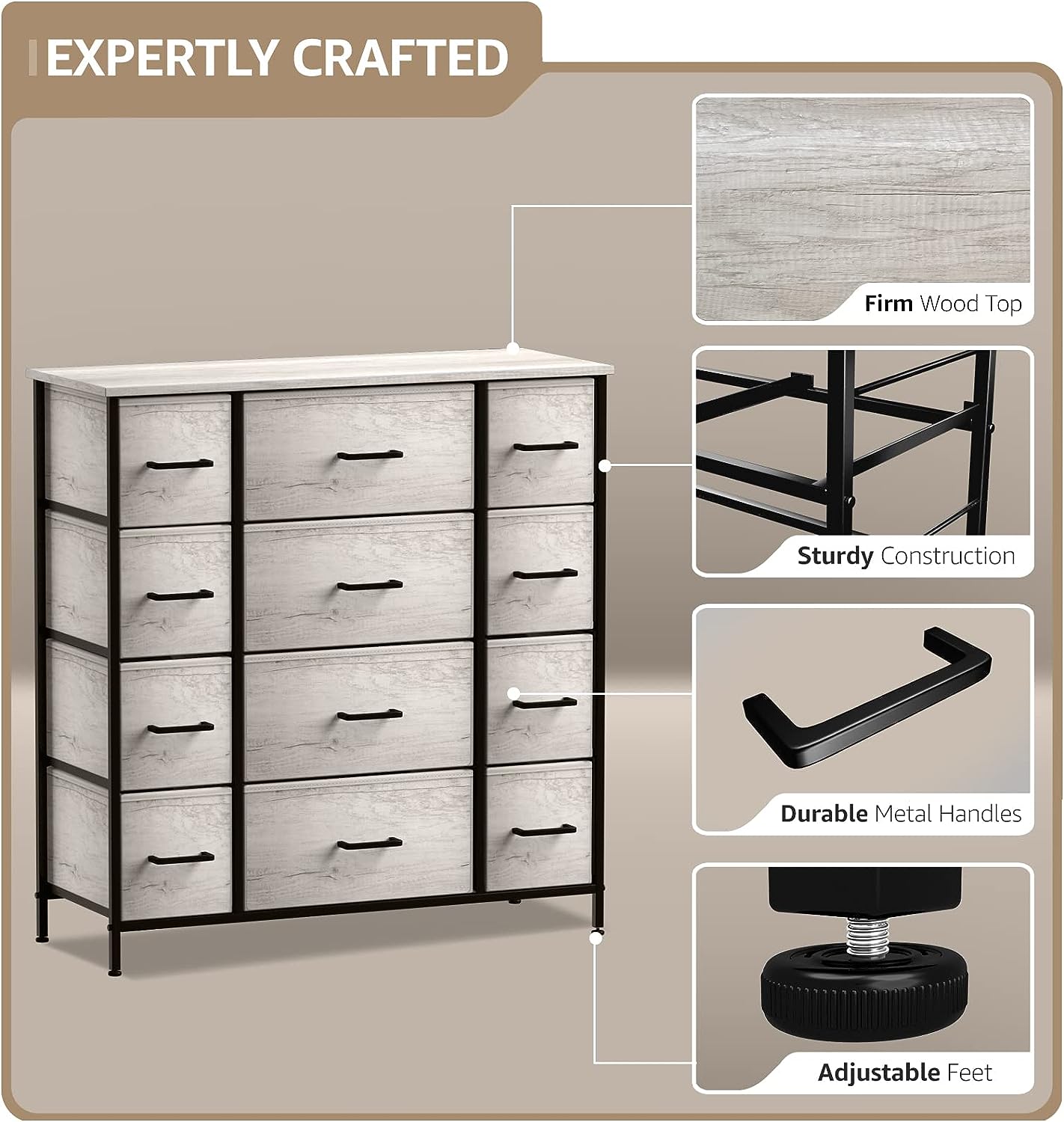 EXPERTLY CRAFTED

- Firm Wood Top
- Sturdy Construction
- Durable Metal Handles
- Adjustable Feet
