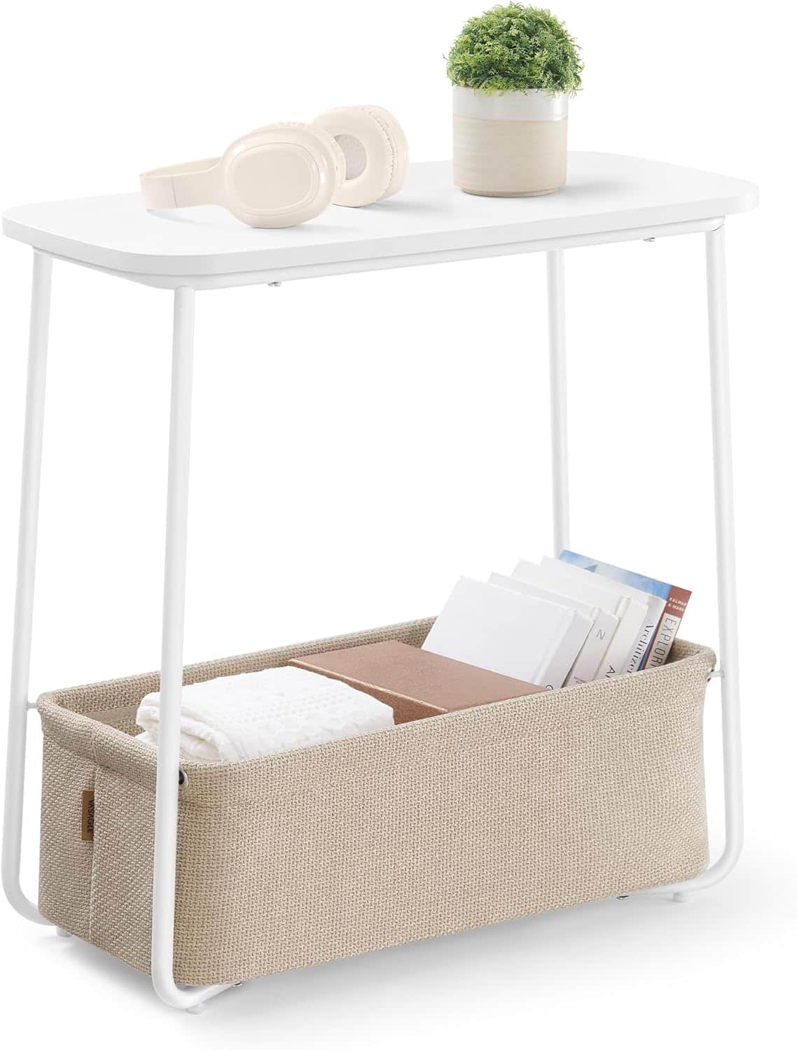 Songmics Home - Small Bedside Table with Fabric Basket – Modern Rectangular Nightstand in Matte White and Camel - Brown