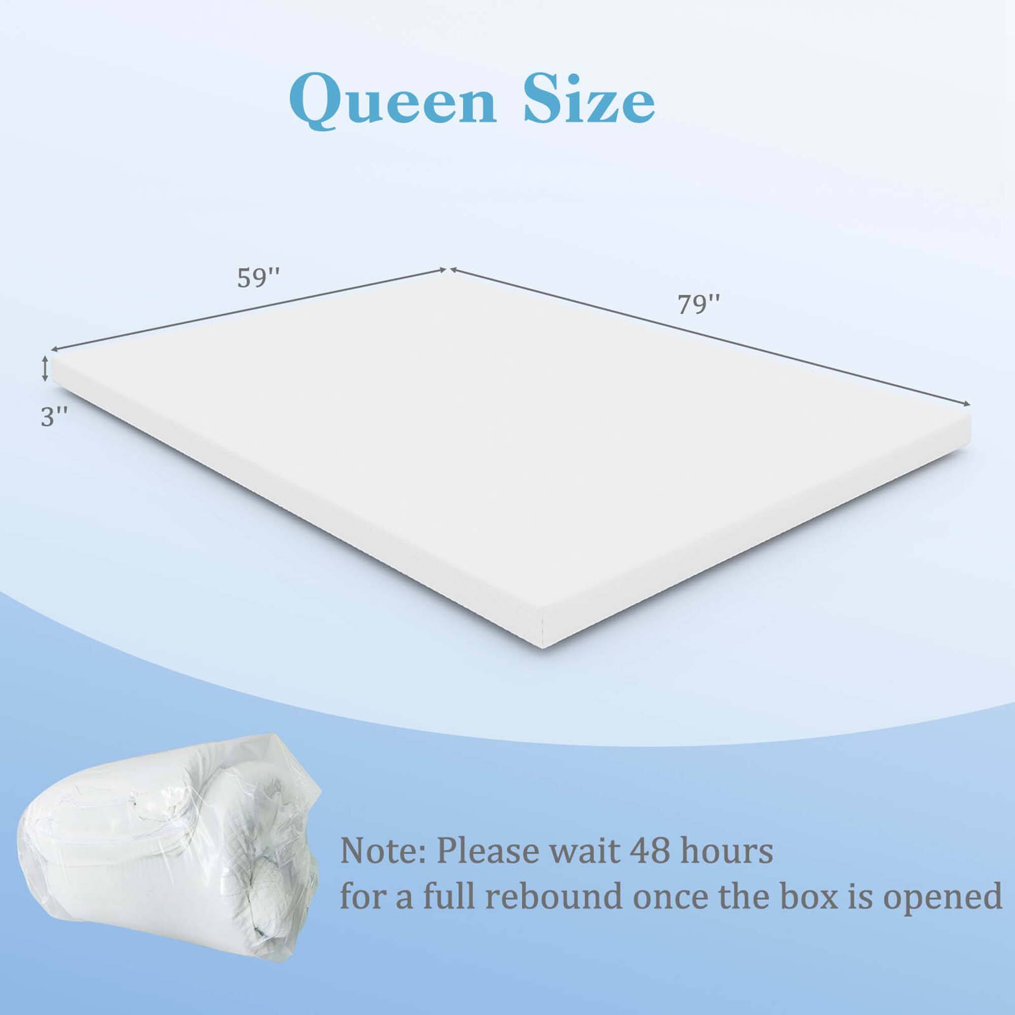 Queen Size  
59" x 79" x 3"  

Note: Please wait 48 hours for a full rebound once the box is opened