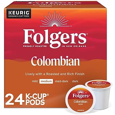 KEURIG GENUINE K-CUP PODS  
Folgers  
PROUDLY ROASTED IN NEW ORLEANS  
Colombian  
Lively with a Roasted and Rich Finish  
mild medium med-dark dark  
24 K-CUP PODS  
Folgers Colombian COFFEE  
KEURIG
