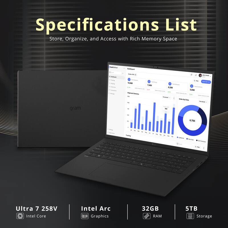 Specifications List  
Store, Organize, and Access with Rich Memory Space  

- Ultra 7 258V  
- Intel Core  
- Intel Arc Graphics  
- 32GB RAM  
- 5TB Storage