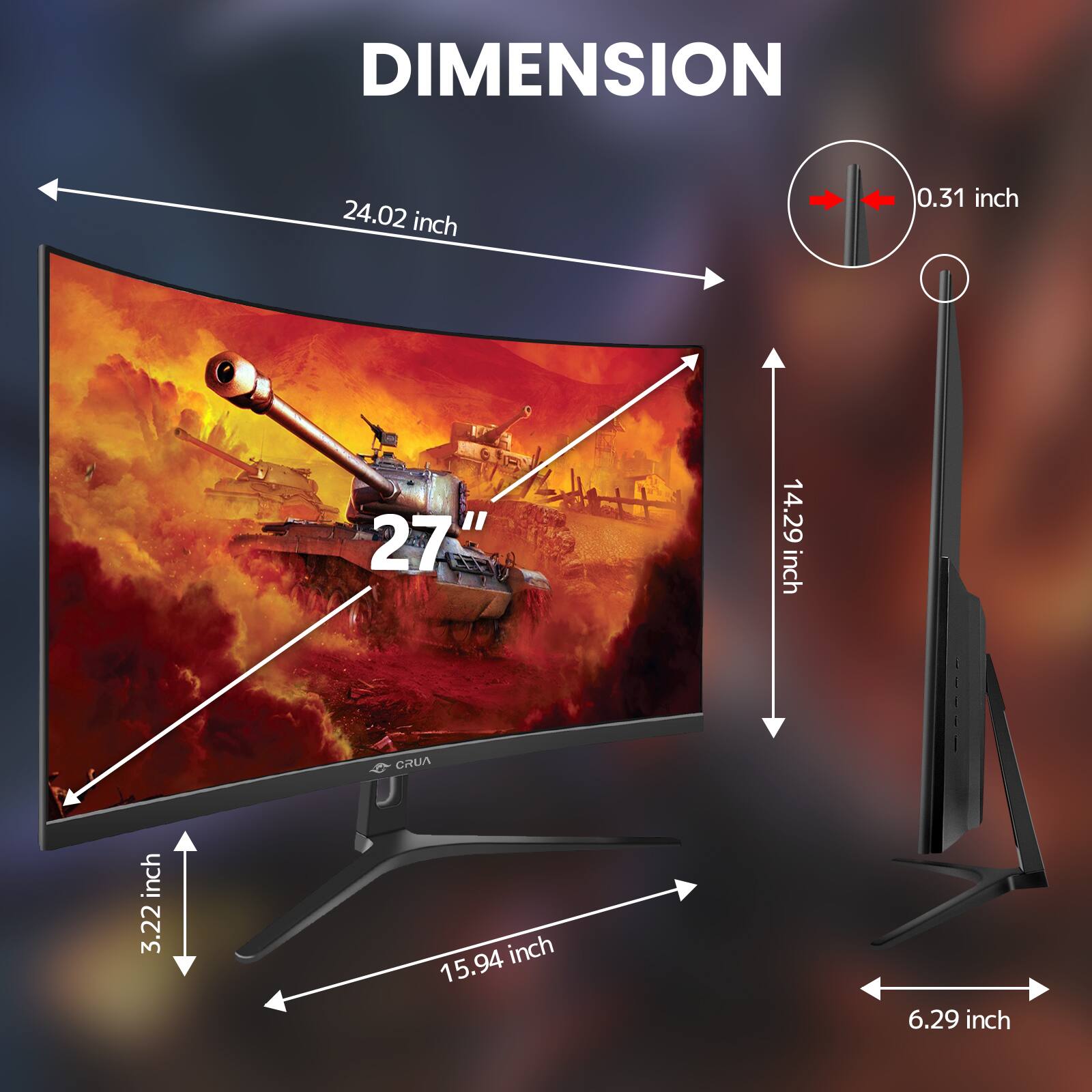 DIMENSION  
24.02 inch  
0.31 inch  
27"  
14.29 inch  
3.22 inch  
15.94 inch  
6.29 inch