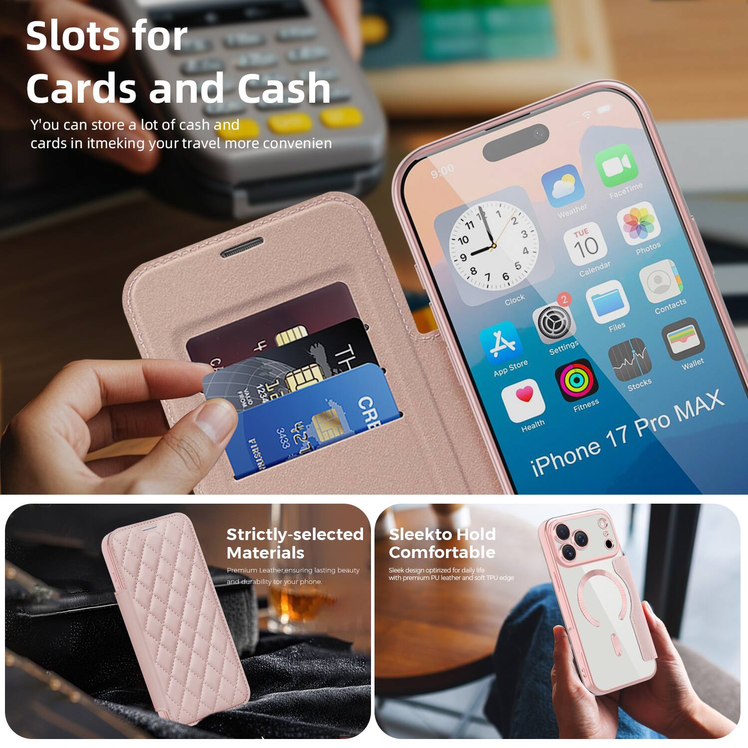 Slots for Cards and Cash  
You can store a lot of cash and cards in it, making your travel more convenient.

Strictly-selected Materials  
Premium leather ensuring lasting beauty and durability for your phone.

Sleek to Hold Comfortable  
Sleek design optimized for daily life with premium PU leather and soft TPU edge.