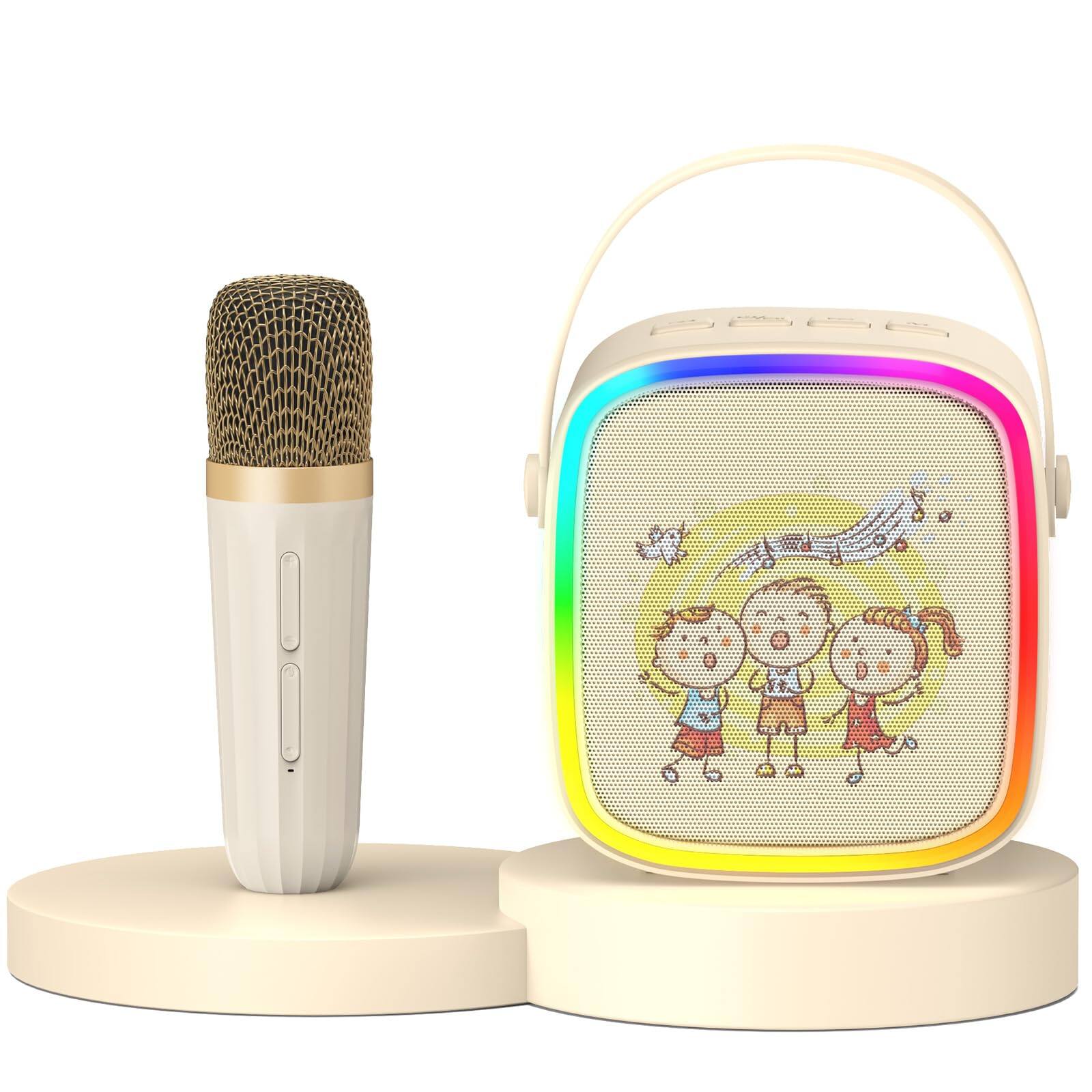 Front. Cedar Assembly - Mini Karaoke Machine For Kids Portable With 2 Microphones Colorful Led Lights Home Parties Music Toys Fam... - Beige-1 Mic.