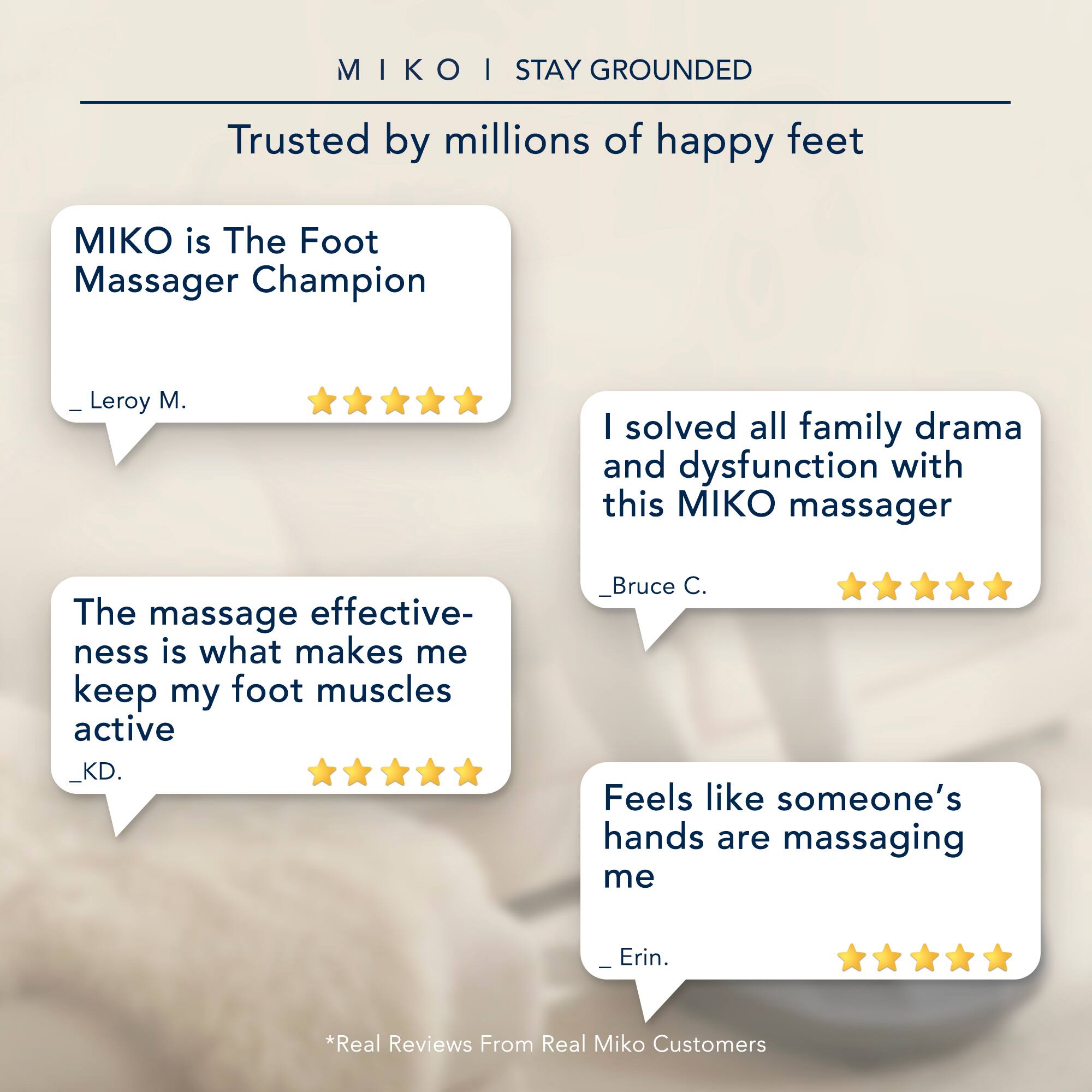 MIKO | STAY GROUNDED  
Trusted by millions of happy feet  

MIKO is The Foot Massager Champion  
_Leroy M.  
★★★★★  

I solved all family drama and dysfunction with this MIKO massager  
_Bruce C.  
★★★★★  

The massage effectiveness is what makes me keep my foot muscles active  
_KD.  
★★★★★  

Feels like someone's hands are massaging me  
_Erin.  
★★★★★  

*Real Reviews From Real Miko Customers