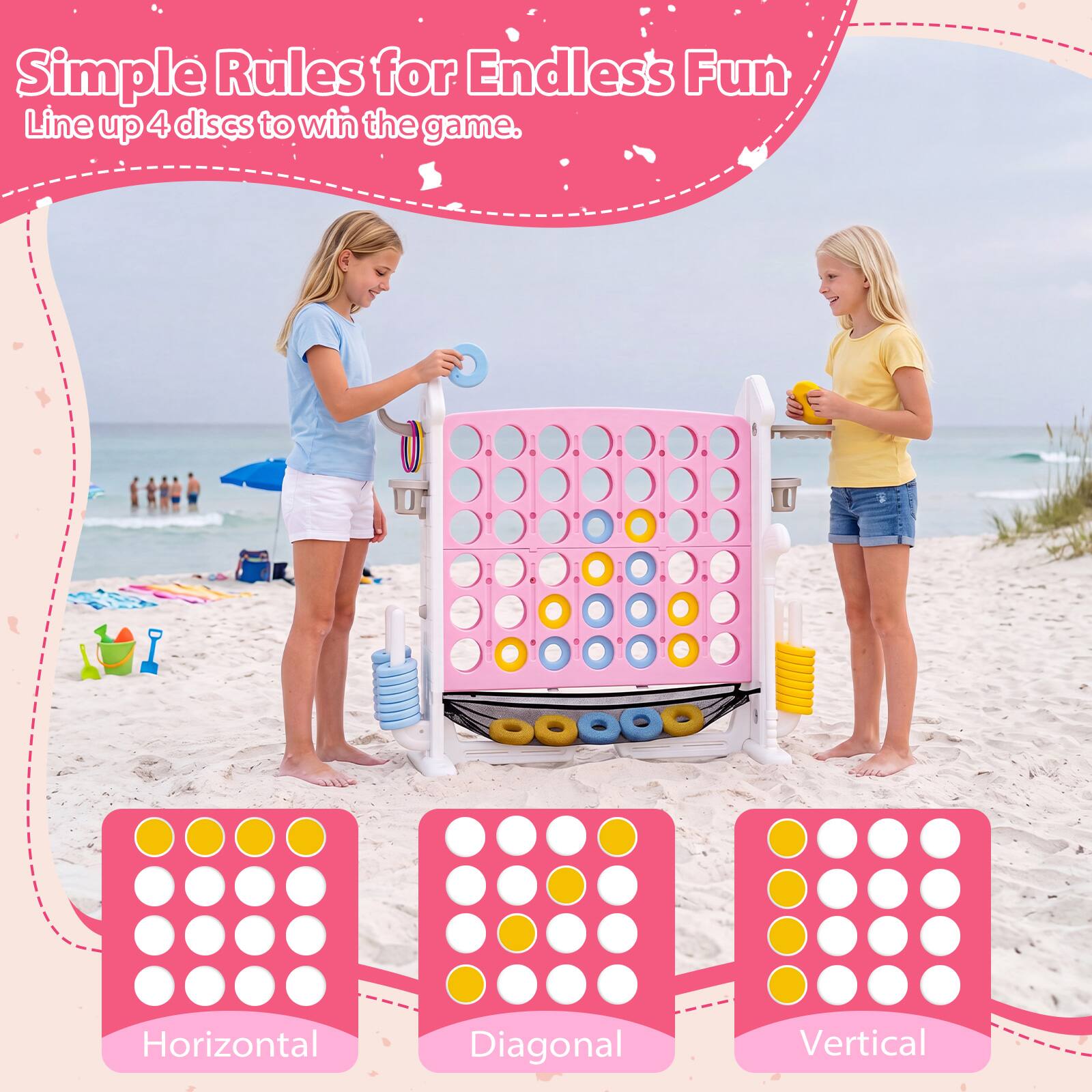 Simple Rules for Endless Fun  
Line up 4 discs to win the game.  
Horizontal  
Diagonal  
Vertical