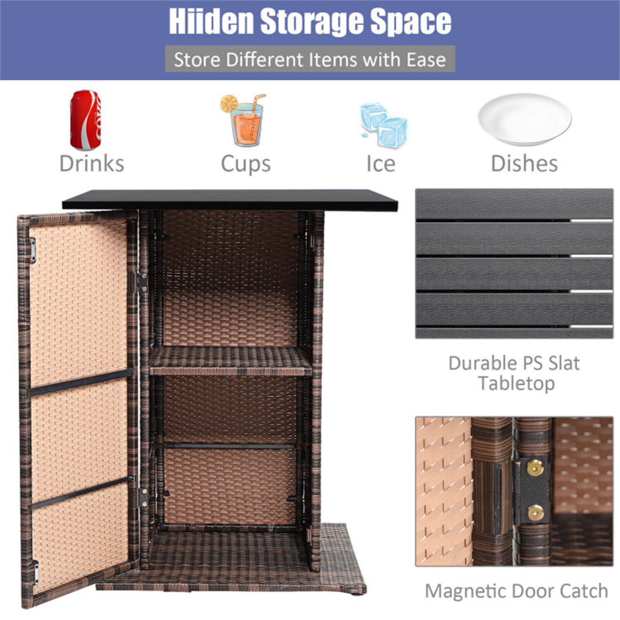 Hidden Storage Space  
Store Different Items with Ease  

Drinks  
Cups  
Ice  
Dishes  

Durable PS Slat Tabletop  
Magnetic Door Catch