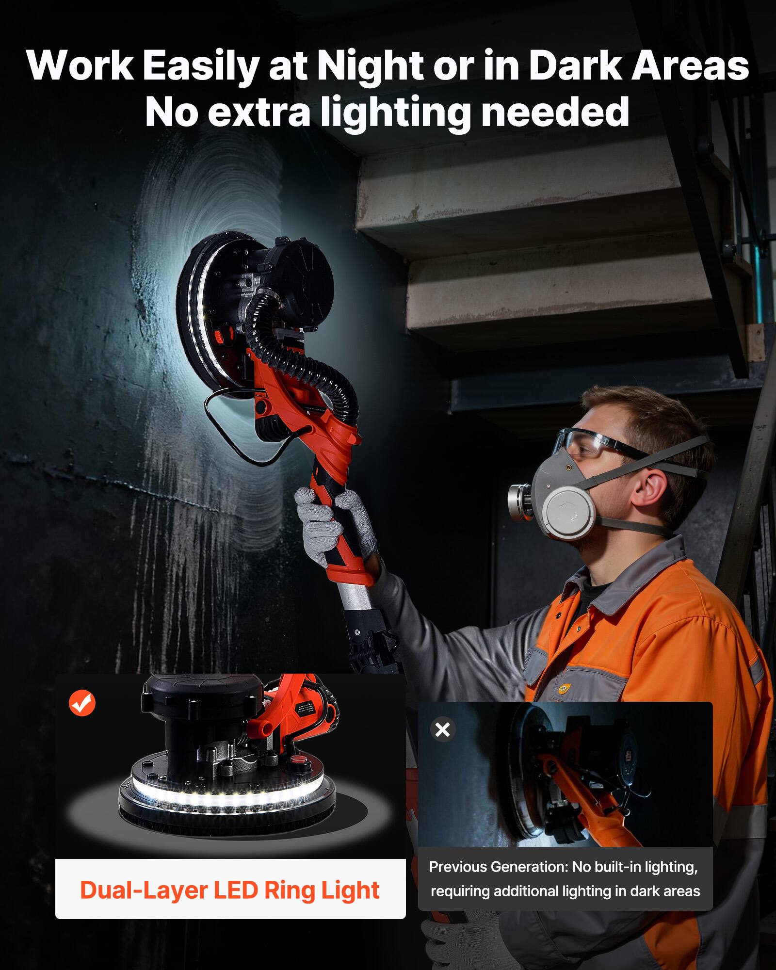 Work Easily at Night or in Dark Areas  
No extra lighting needed

Dual-Layer LED Ring Light

Previous Generation: No built-in lighting, requiring additional lighting in dark areas