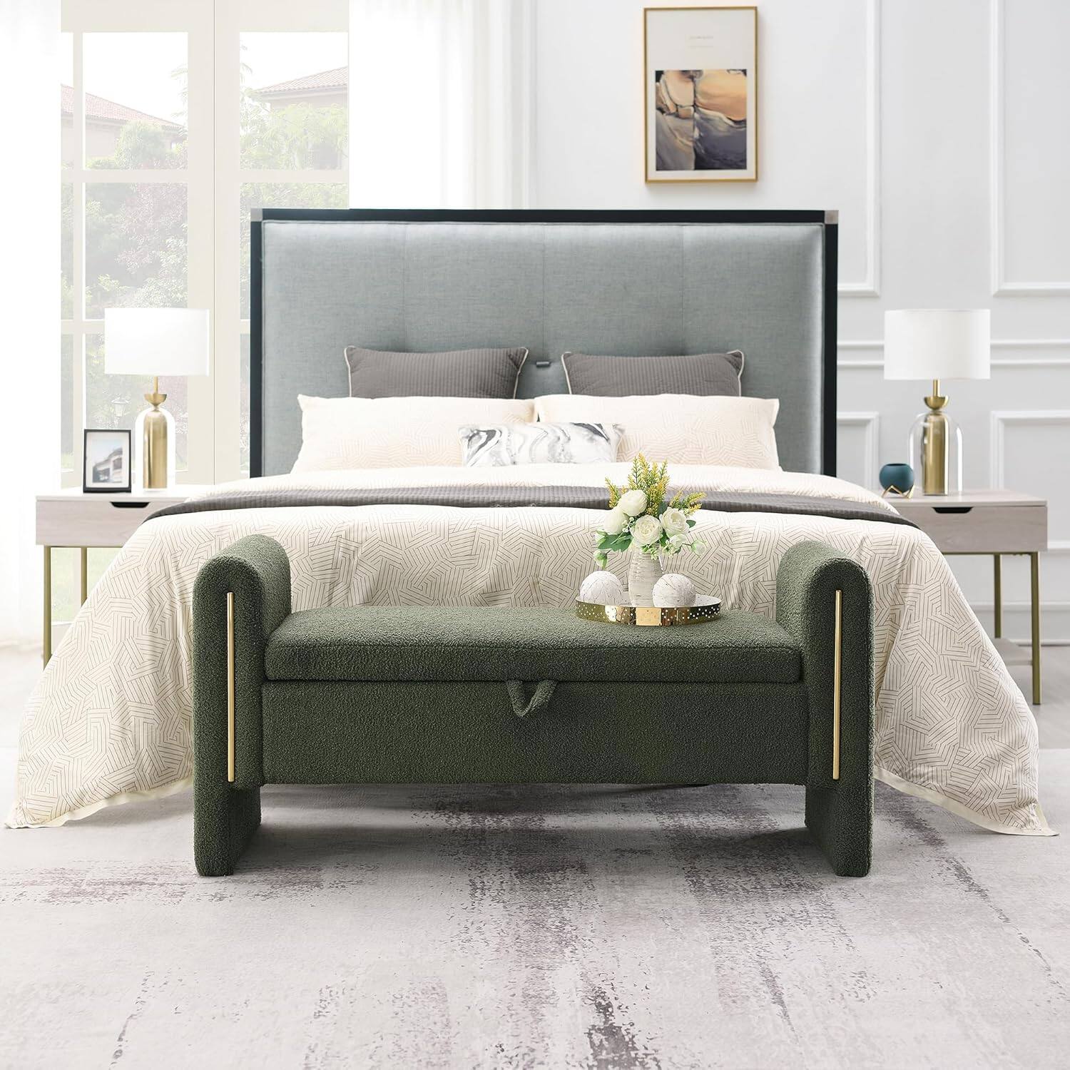 Alt View 5. Trinkets Crazed - Modern 52" Storage Ottoman Bench, Upholstered End of Bed Storage Bench with Armrests - olive green.
