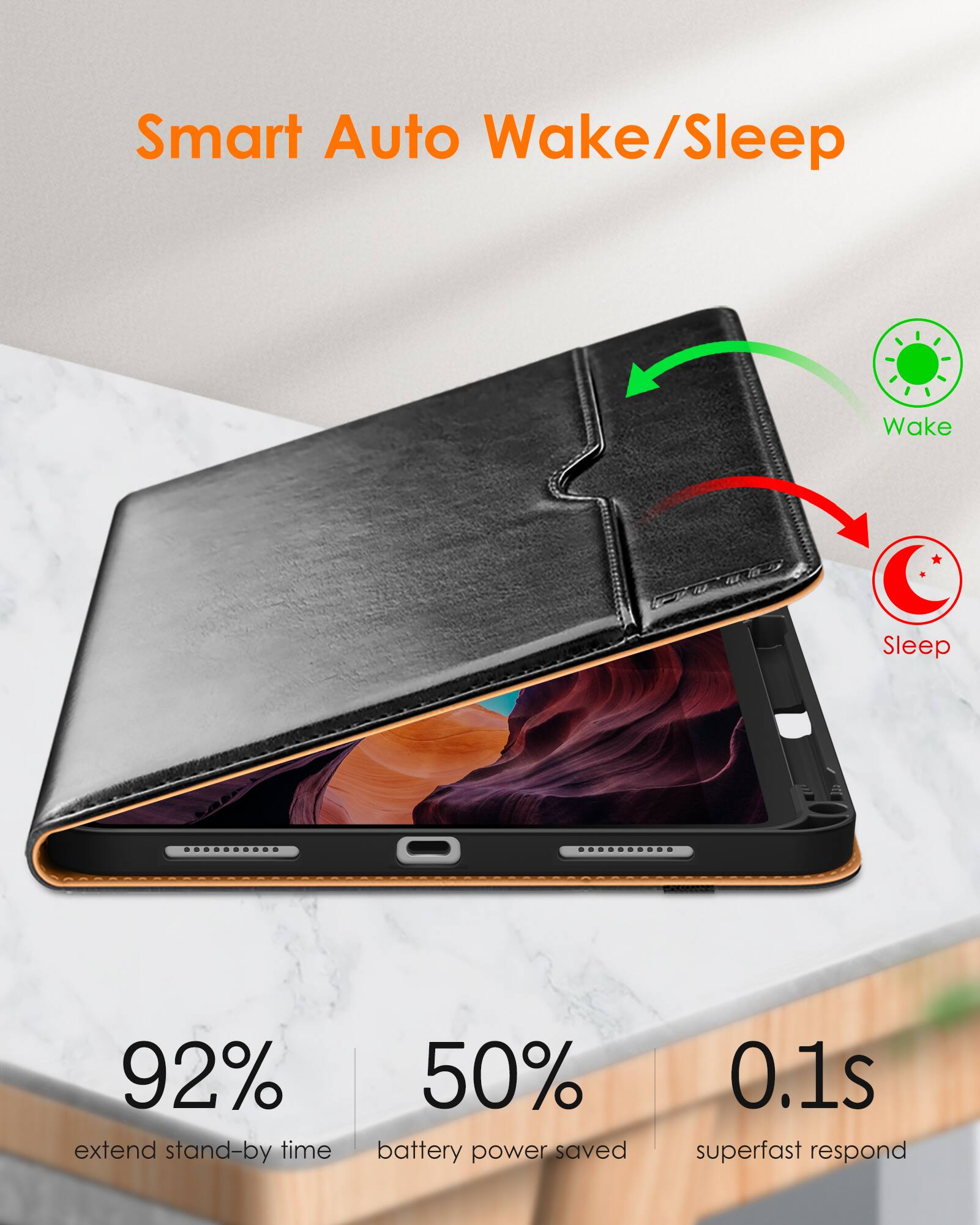 Smart Auto Wake/Sleep

- 92% extend stand-by time
- 50% battery power saved
- 0.1s superfast respond

Wake
Sleep