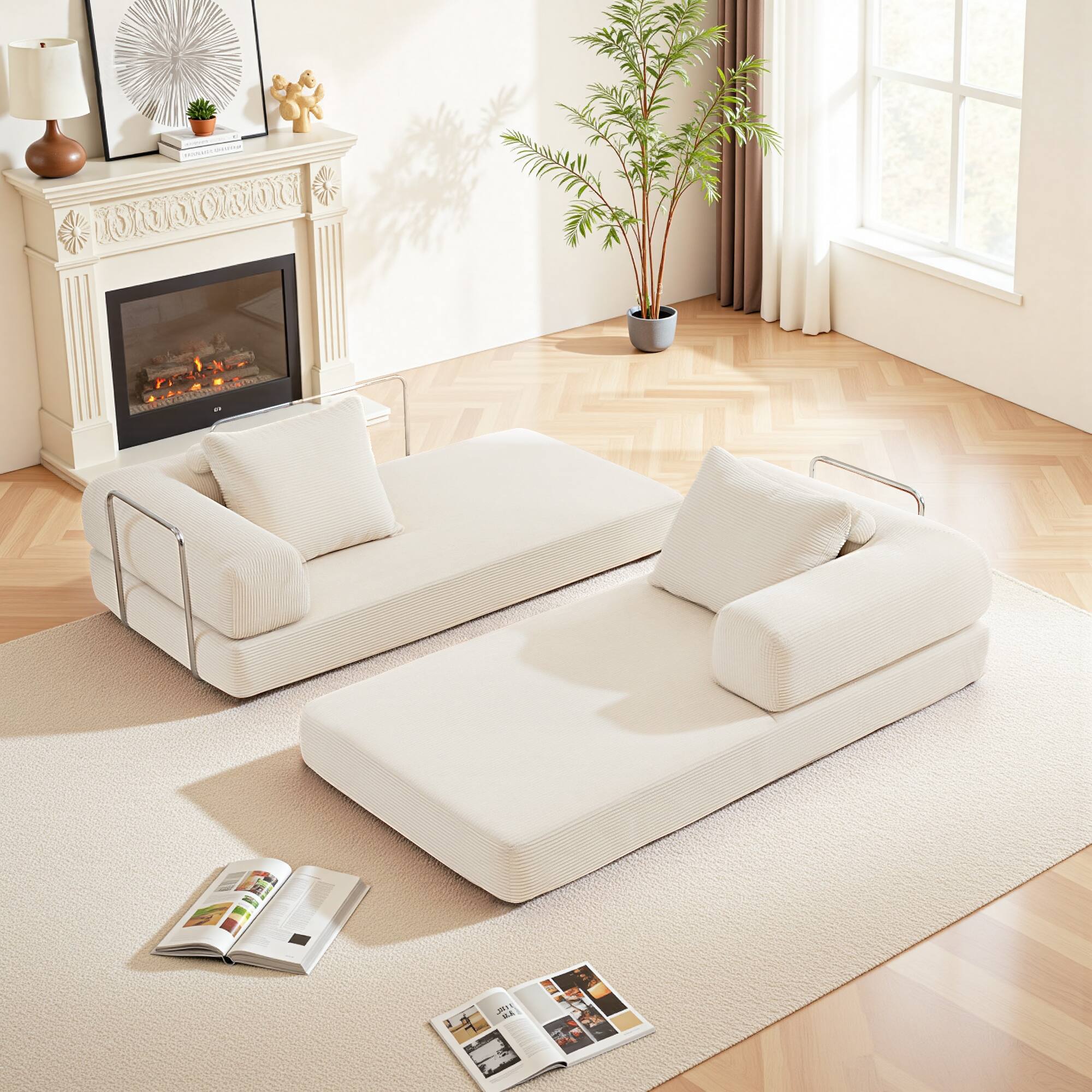 Alt View 7. KERDOM - 63'' W Convertible Floor Sofa Bed, Corduroy Modular Floor Couch with Pillow Back, Folding Couch Sleeper for Living Room - Beige.