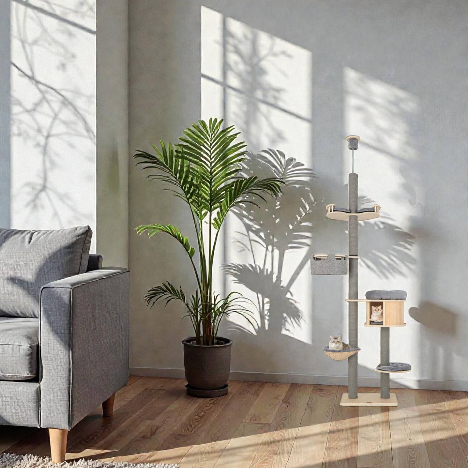 Front. BreeBe - 6-Tier Tension-Mounted Cat Tree with Height Adjustment from 100 to 110 Inches - Natural.