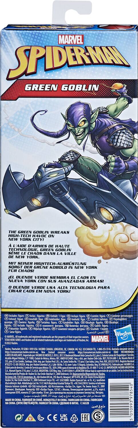 MARVEL SPIDER-MAN  
GREEN GOBLIN  

THE GREEN GOBLIN WREAKS HIGH-TECH HAVOC ON NEW YORK CITY!  
A L'AIDE D'ARMES HAUTE TECHNOLOGIE, GREEN GOBLIN SEME CHAOS DANS LA VILLE NEW YORK.  
MIT SEINER HIGHTECH-AUSRÜSTUNG SORGT DER GRÜNE KOBOLD NEW YORK FR CHAOS!  
¡EL DUENDE VERDE SIEMBRA EL CAOS EN NUEVA YORK CON SUS AVANZADAS ARMAS!  
DUENDE VERDE USA ALTA TECNOLOGÍA PARA CRIAR CAOS EM NOVA YORK!  

Includes: figure.  
Enthält: figurine  
Incluye: Contiene:  
Inhoud:  
Innehoud:  
Indeholder:  
Shala hahmon v eyoupa.  
Zawiera:  
Tartalmar figura indekiler  
Obsahuje:  
Obsahuje:  
Include:  
Sigurina:  
Pakuoteje:  
Vidijutuje:  
Shala hahmon v eyoupa.  
Sisald