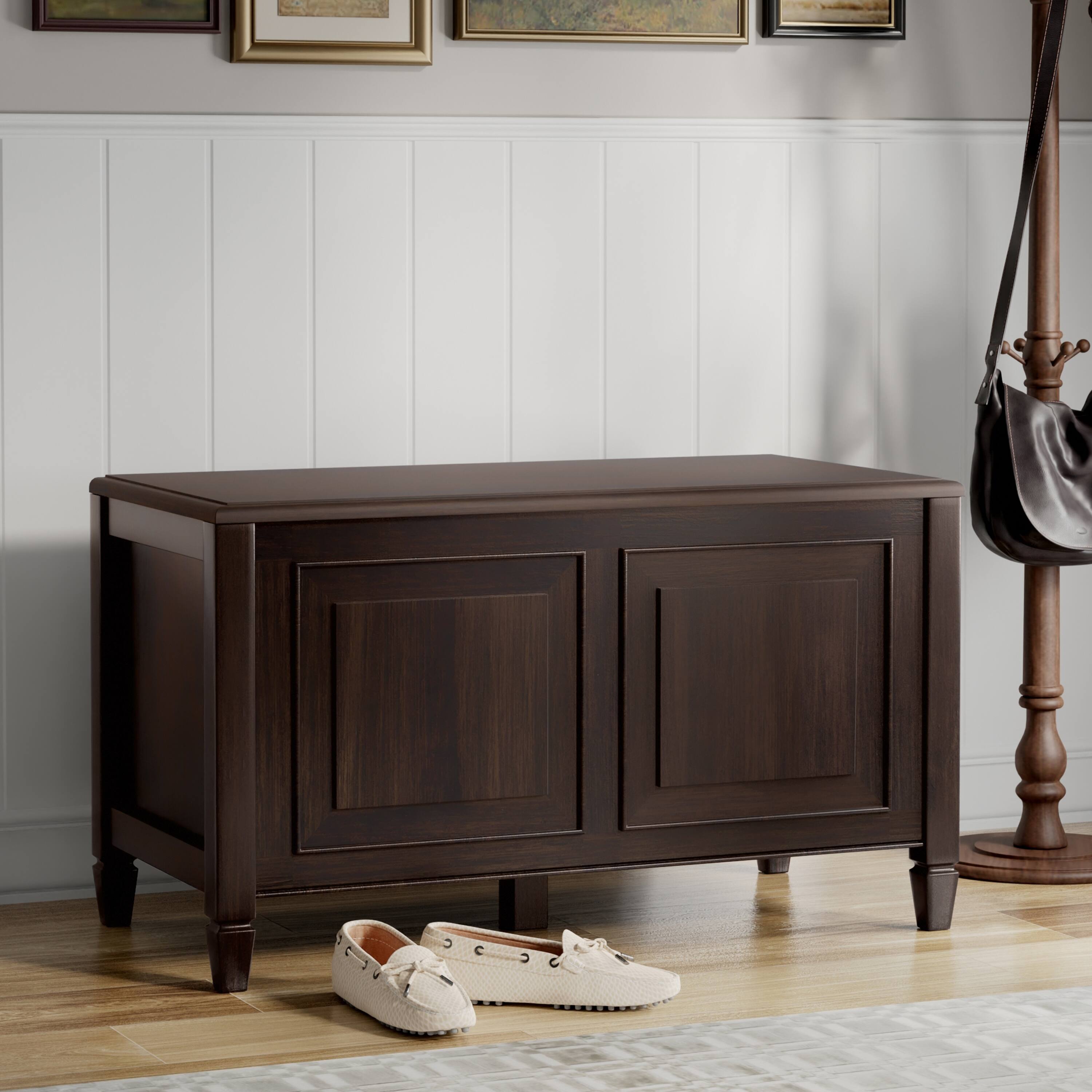 Angle. Simpli Home - Connaught 36 inch Wide Solid Wood Traditional Small Storage Bench Trunk in Chestnut Brown - Chestnut Brown.