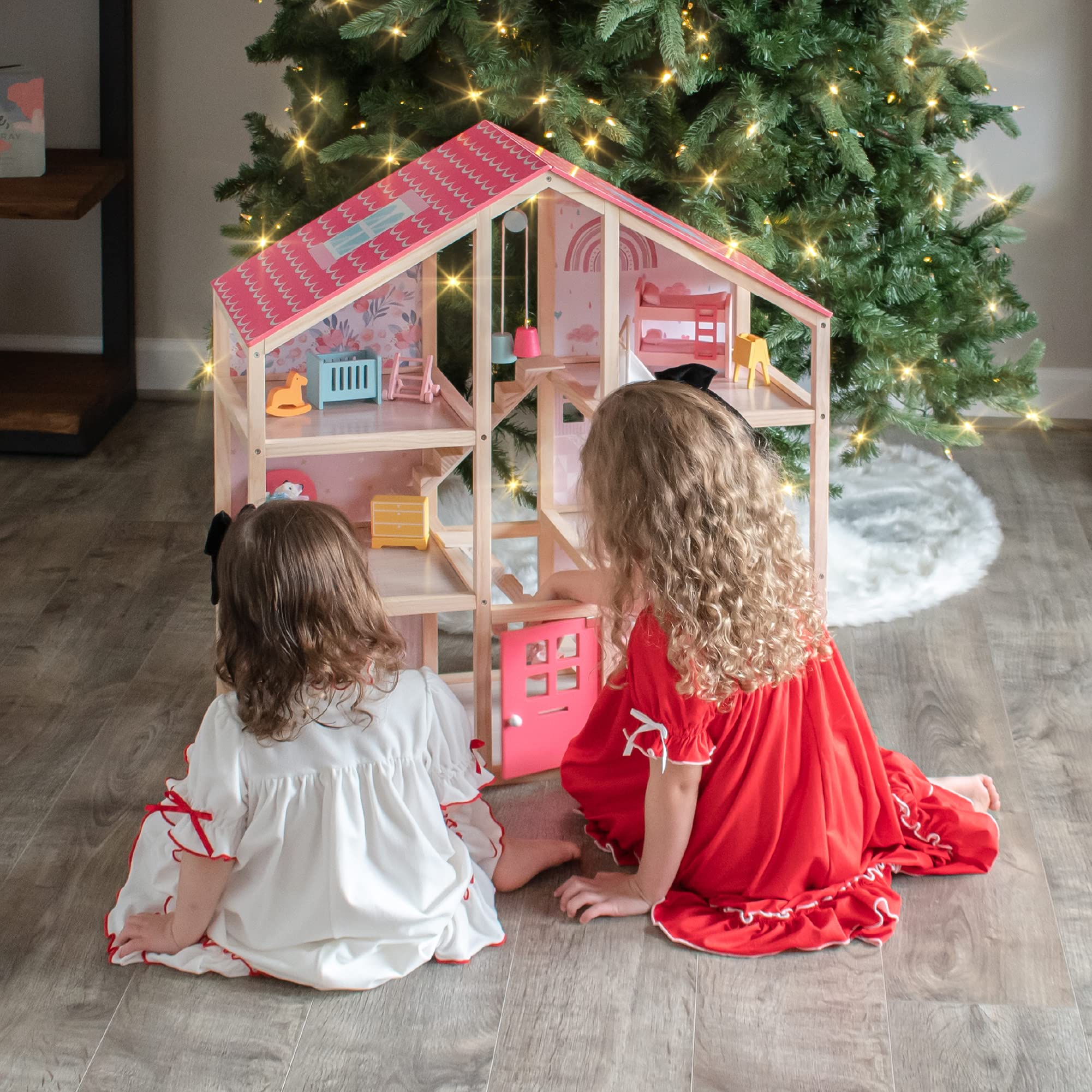 Alt View 3. Tiny Land - 3-Story Wooden Dollhouse with 6 Rooms, 31-Piece Furniture Set, Open-Back Design, Dolls Not Included - Pink.