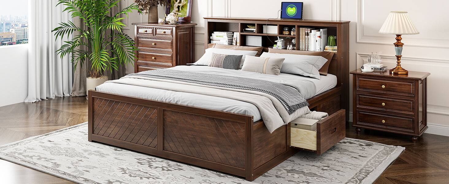 Back. Tiramisubest - King Size Wood Platform Bed with Multi-storage Headboard, USB and Drawers, Antique Wood Color - Wood.