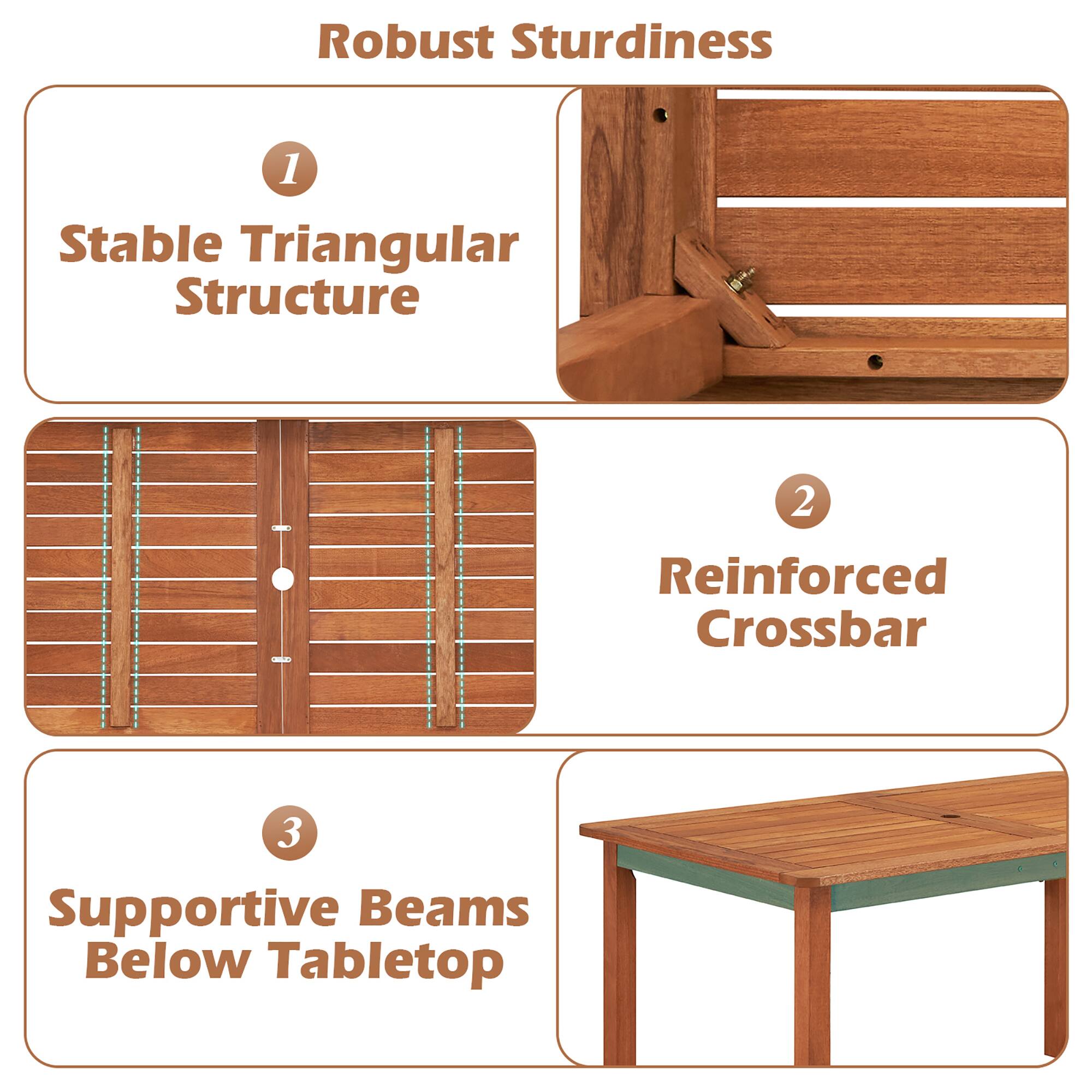 Robust Sturdiness

1. Stable Triangular Structure

2. Reinforced Crossbar

3. Supportive Beams Below Tabletop
