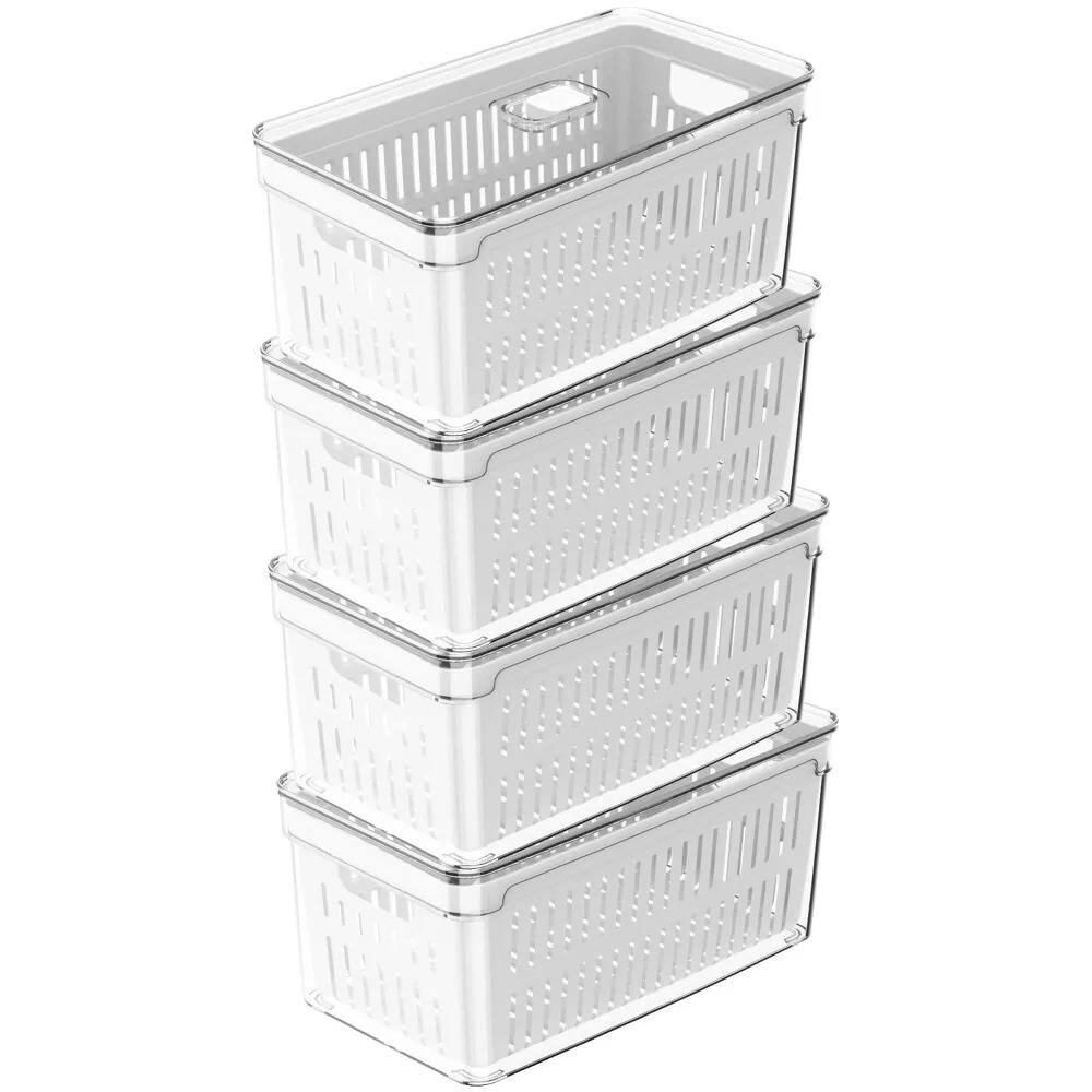 Alt View 6. OU - OU Fridge Organizer Bin w Drain Basket & Vented Lid, Stackable Produce Kitchen Storage Bin, 4 Pack - Clear.