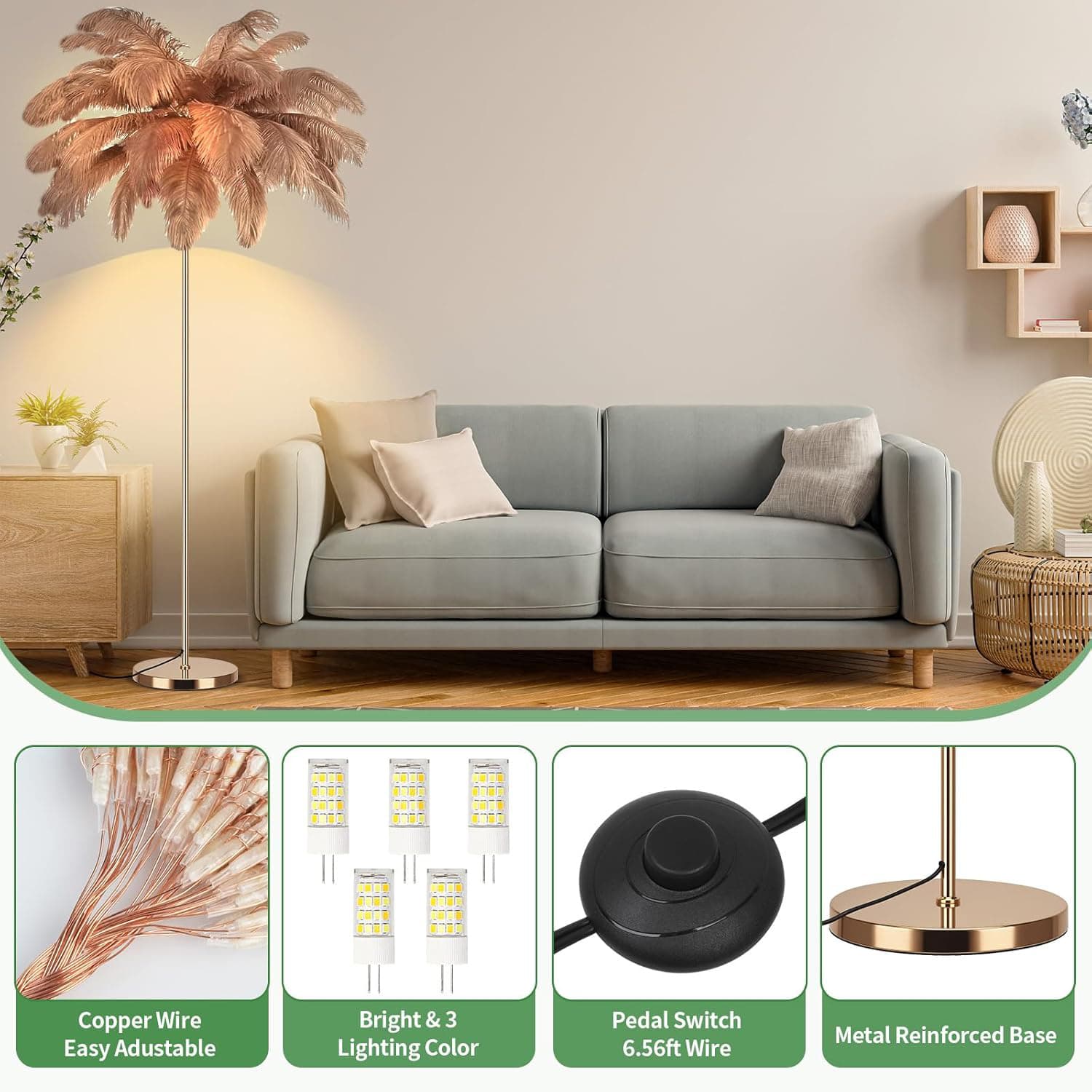 Copper Wire Easy Adjustable Bright & 3 Lighting Color Pedal Switch 6.56ft Wire Metal Reinforced Base