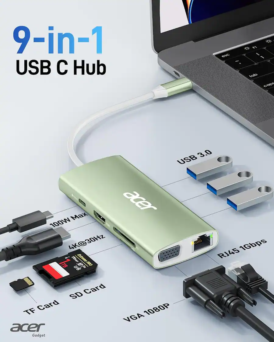 Acer USB C Hub With 4K HDMI 9 In 1 USB C To Ethernet Adapter 5Gbps acer-usb-c-hub-with-4k-hdmi-9-in-1-usb-c-to-ethernet-adapter-5gbps
