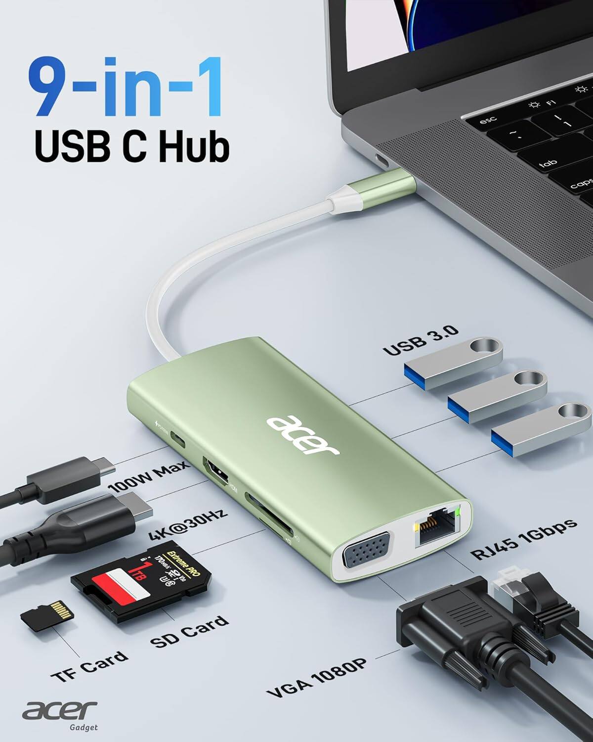 9-in-1 USB C Hub

- 1 Tab
- Caps
- USB 3.0
- 3 USB
- Max 100W
- 4K@30Hz
- 1Gbps
- RJ45
- TB
- SD Card
- TF Card
- 1080P
- VGA

Acer Gadget
