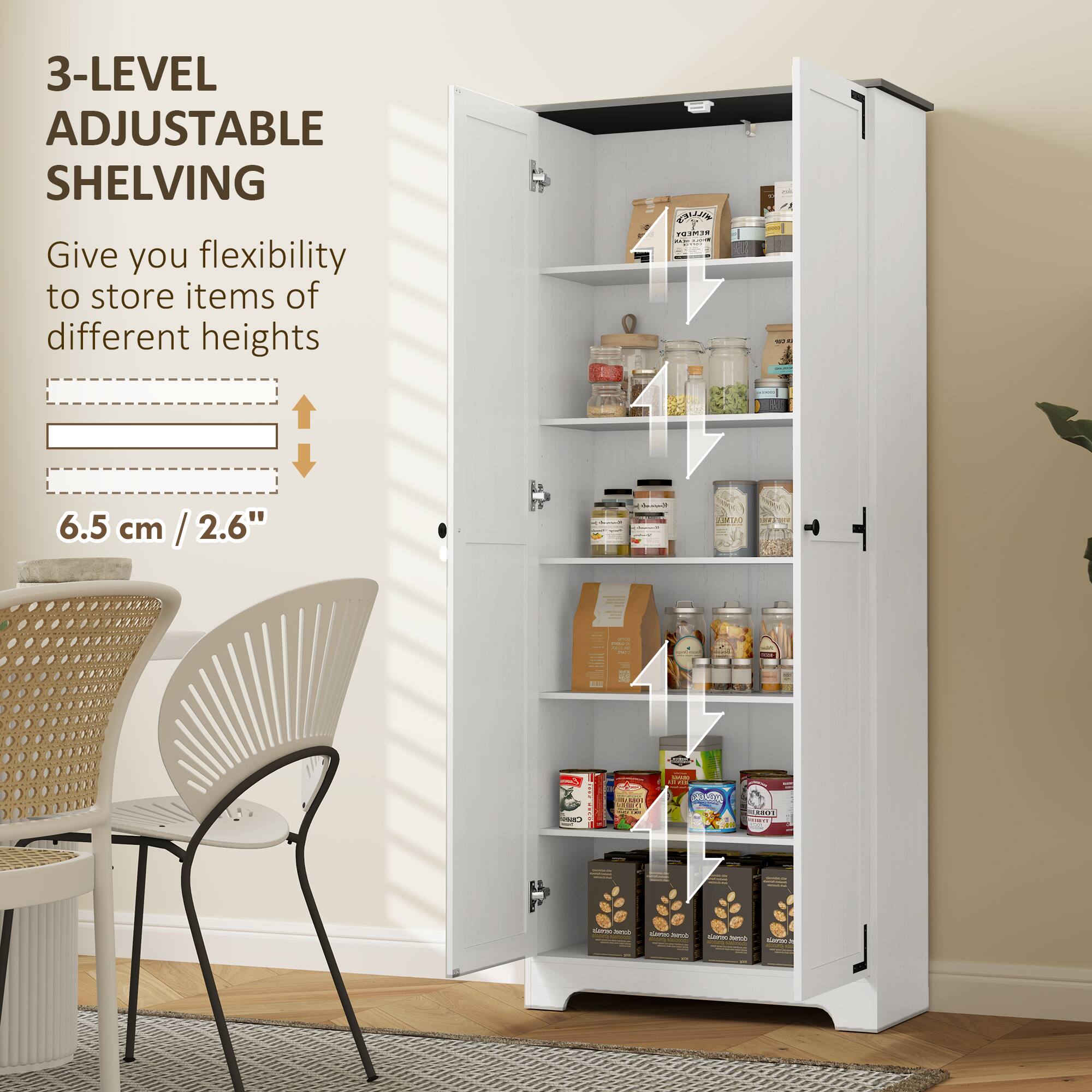 3-LEVEL ADJUSTABLE SHELVING  
Give you flexibility to store items of different heights  

6.5 cm / 2.6"