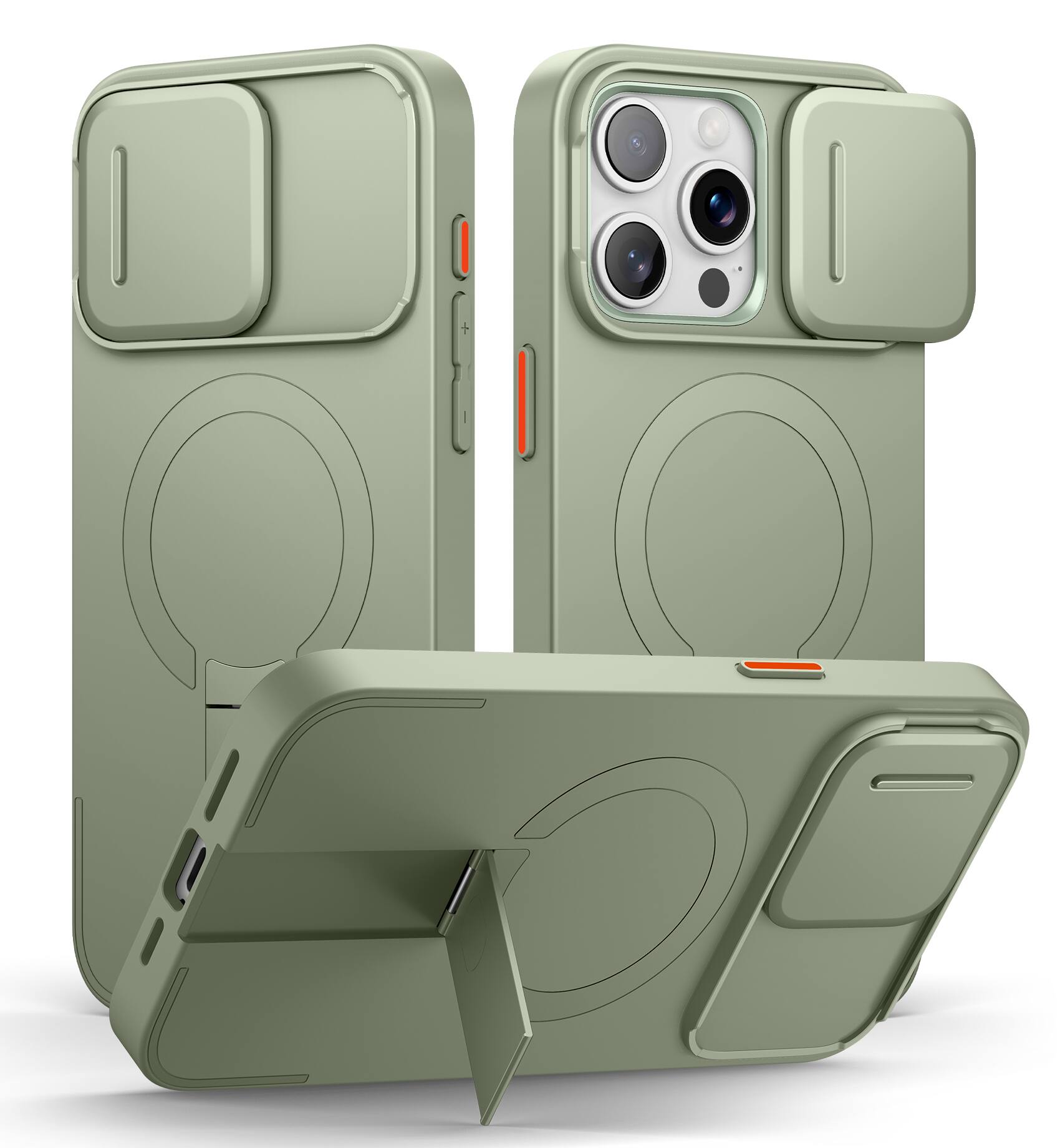 Angle. SURITCH - Bumper Case for iPhone 15 Pro Max with Camera Cover, Kickstand,Compatible with MagSafe, Shockproof Slim Protective Cover - Khaki Green.