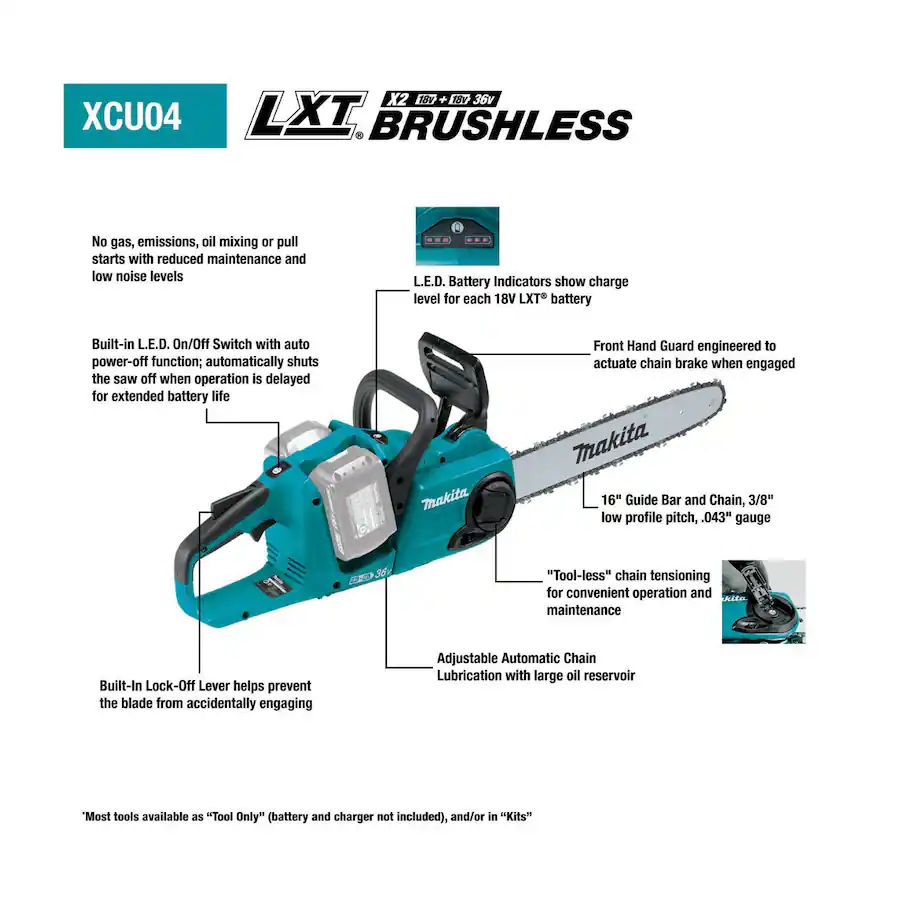 Lock Engaged Status Makita XCU04PT1 36 Volt LXT Brushless 16 Inch Cordless Chain Saw Bundle ...