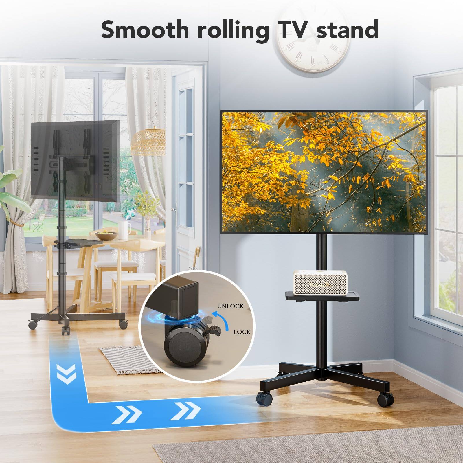 Smooth rolling TV stand

UNLOCK LOCK