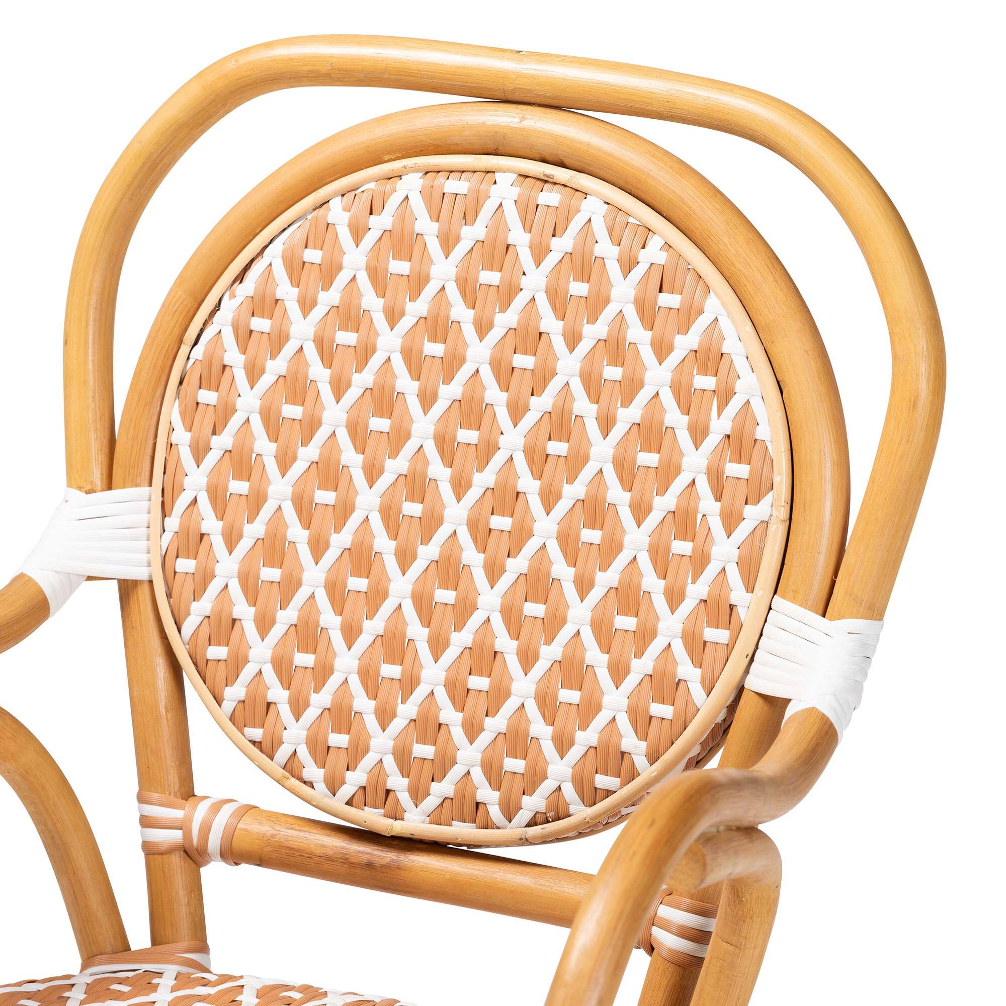 Alt View 1. bali & pari - Mattie Rattan Bistro Chair - Cafe-Style Dining Chair with Curved Arms for Indoor/Outdoor Lounge, Beige - Natural Brown/Beige/White.