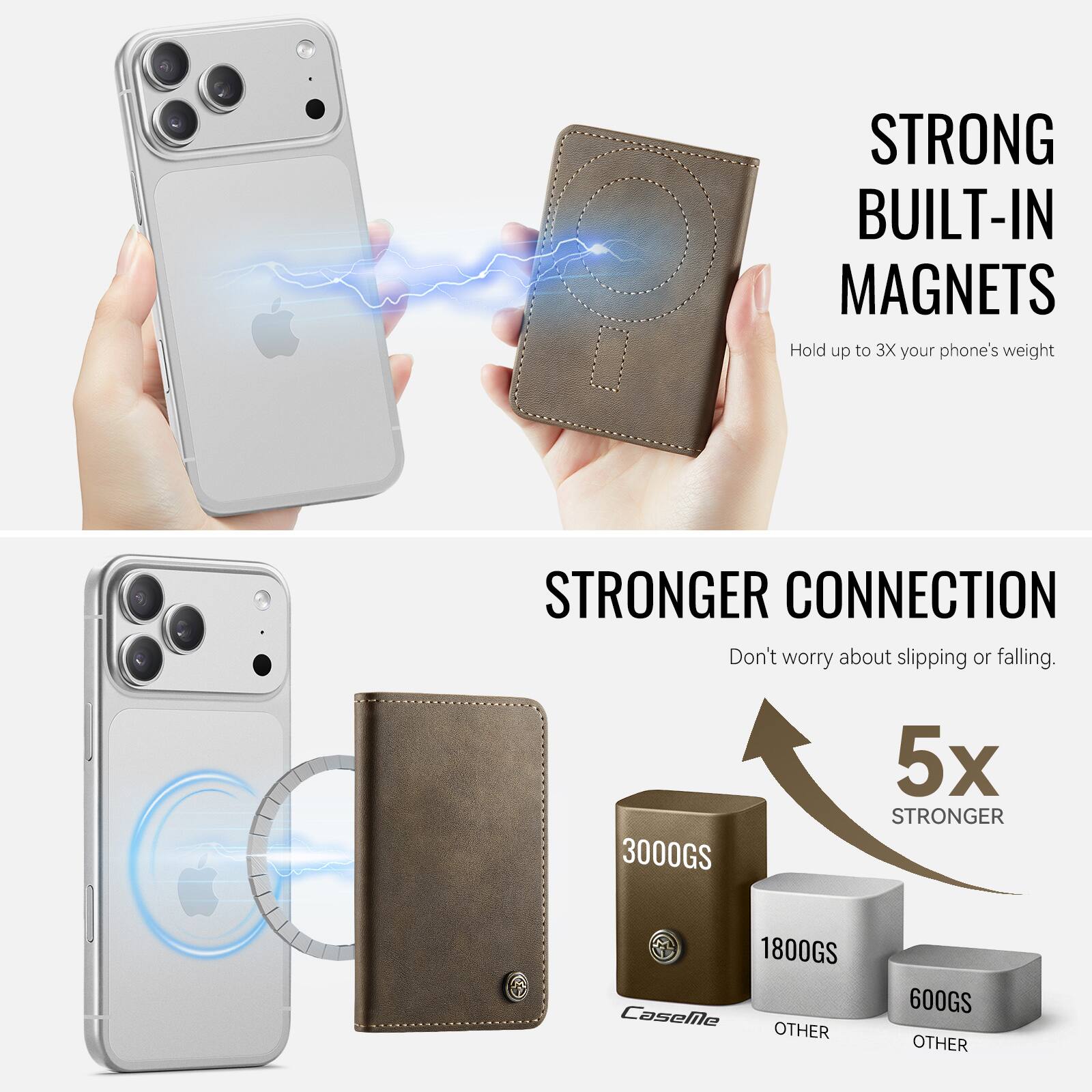 STRONG BUILT-IN MAGNETS  
Hold up to 3X your phone's weight  

STRONGER CONNECTION  
Don't worry about slipping or falling.  

3000GS  
5x STRONGER  
1800GS  
OTHER  
600GS  
OTHER