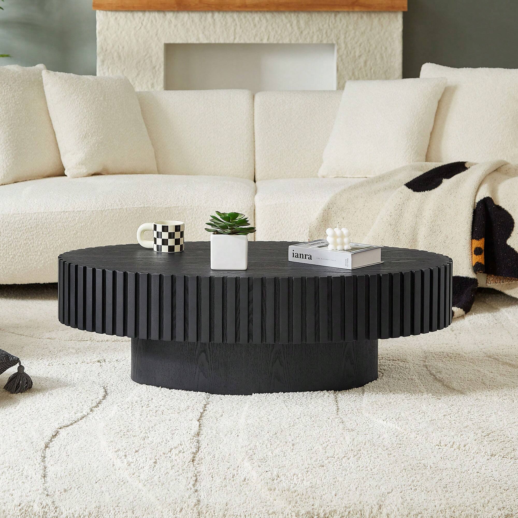 Alt View 4. Trinkets Crazed - Handcrafted Walnut Oval Coffee Table, Mid Century Modern Irregular Large 44 Inch Wood Drum Design - Black.