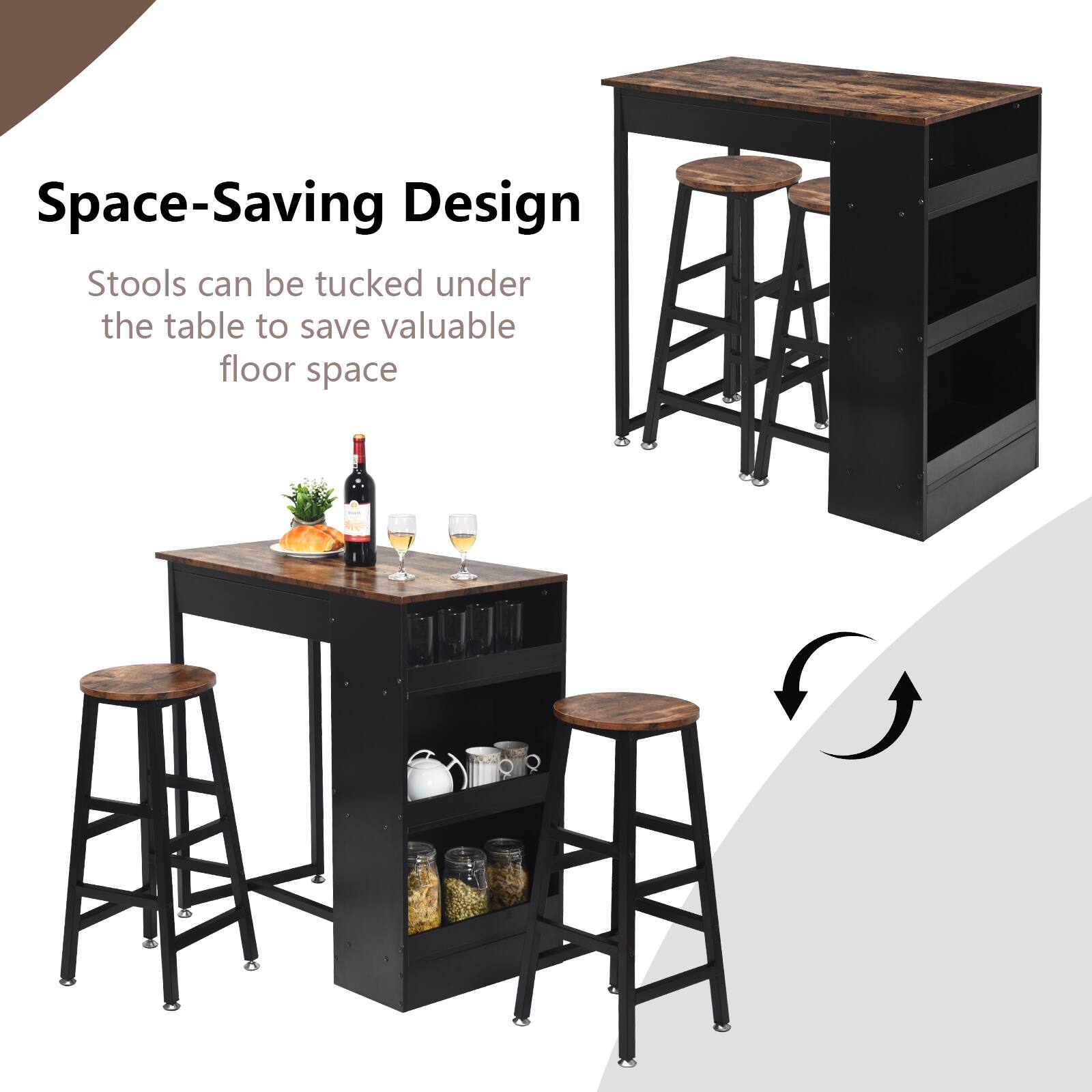 Space-Saving Design
Stools can be tucked under the table to save valuable floor space