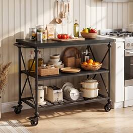 Aheaplus - 3-Tier Wood & Metal Rolling Kitchen Cart with Pipe-Leg Design, Lockable Wheels & Storage Shelves for Kitchen & Dining - Black