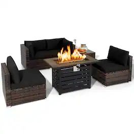 Costway - 6PCS Patio Rattan Furniture Set 42" Fire Pit Table Cover Sofa Cushion - Mix Brown,Black