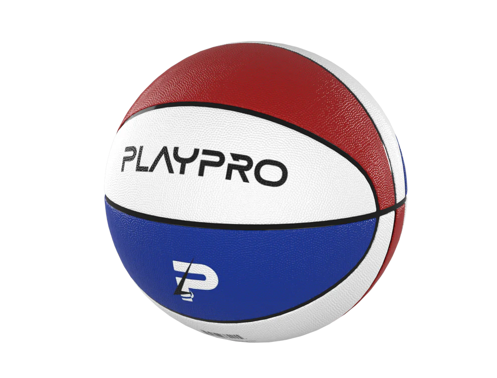 Angle. PlayProCo - Premium Rubber Basketball for Kids and Adults - Red, White and Blue.
