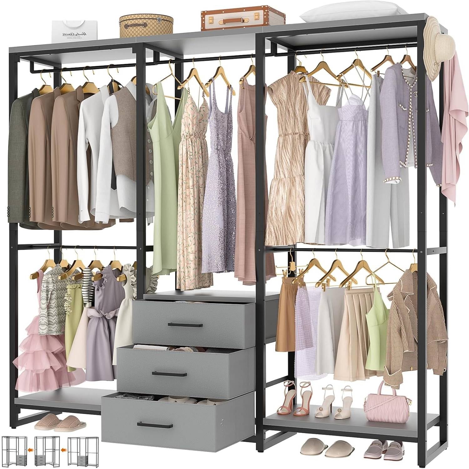 SlickBlue - Freestanding Wardrobe Rack with 3 Storage Drawers for Clothes - Black Grey