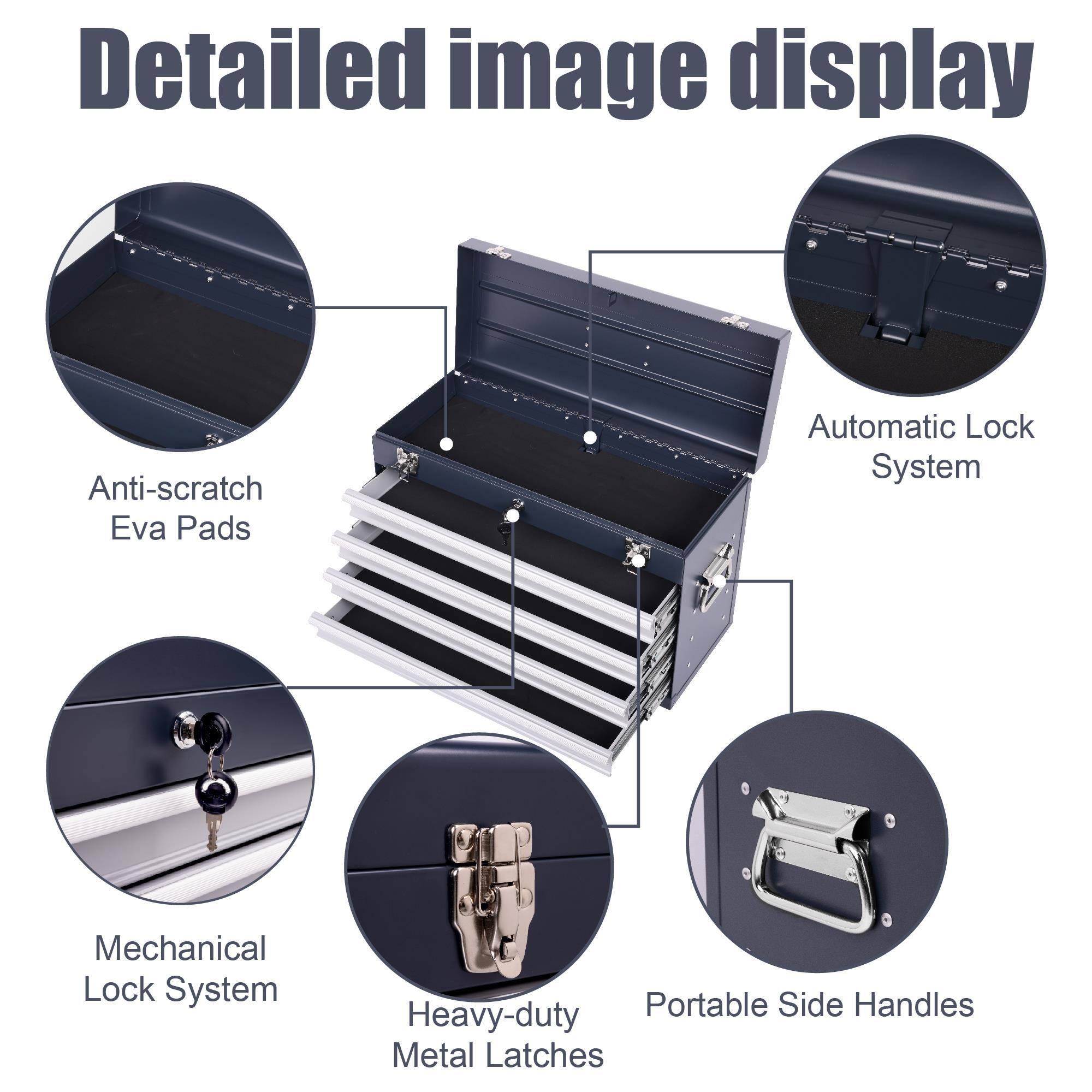 Detailed image display

- Anti-scratch Eva Pads
- Automatic Lock System
- Mechanical Lock System
- Heavy-duty Metal Latches
- Portable Side Handles
