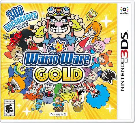 Sure, here is the corrected and grouped text from the image:
---
**300 MICROGAMES INCLUDED**
**WarioWare GOLD**
**Nintendo 3DS**
**Plays only in 2D**
**amiibo**
**E 10+ ESRB**
**EVERYONE 10+**
---
This text is taken directly from the image and grouped accordingly. - E (Everyone)