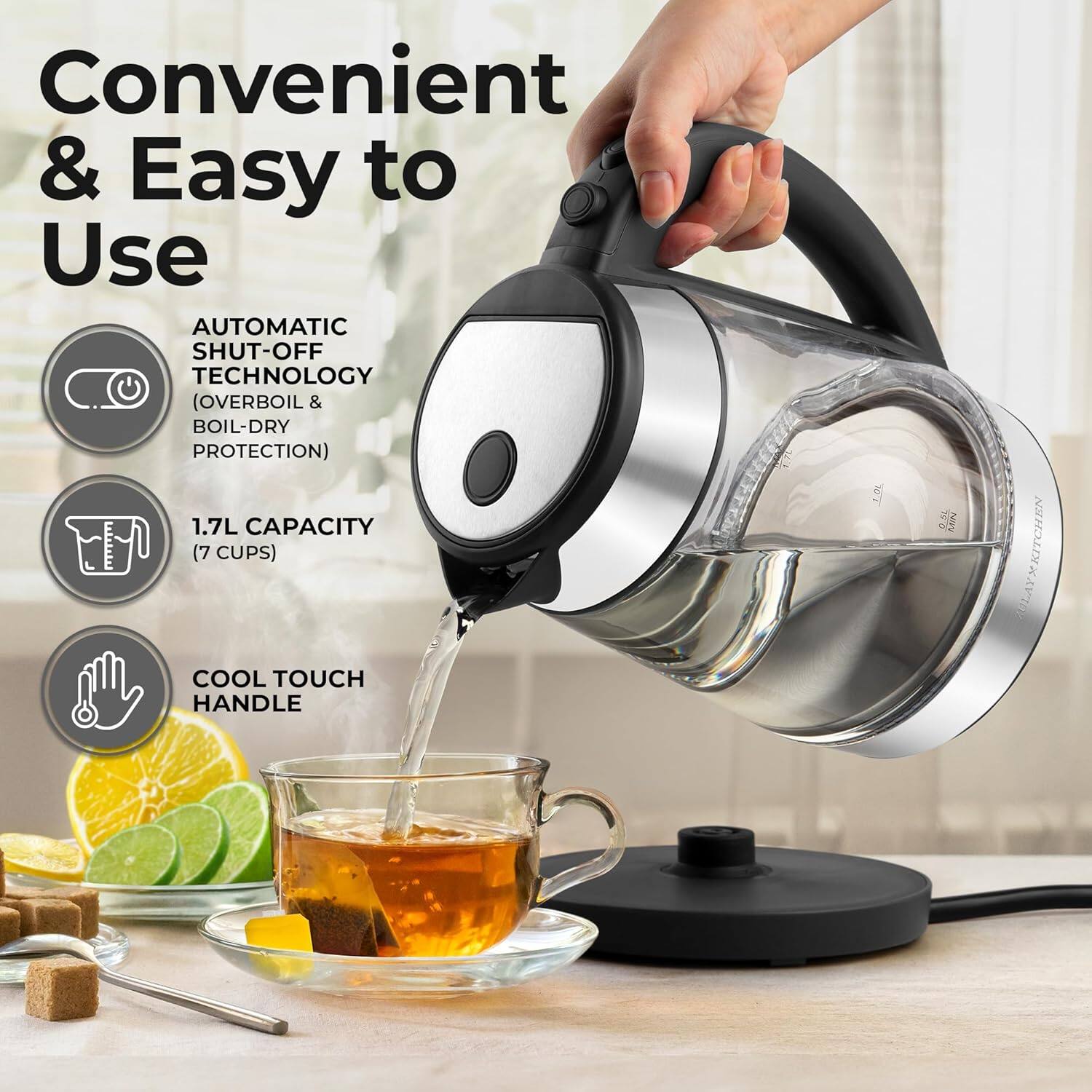 Convenient & Easy to Use: Automatic Shut-Off Technology (Overboil & Boil-Dry Protection), 1.7L Capacity (7 Cups), Kitchen X Cool Touch Handle.