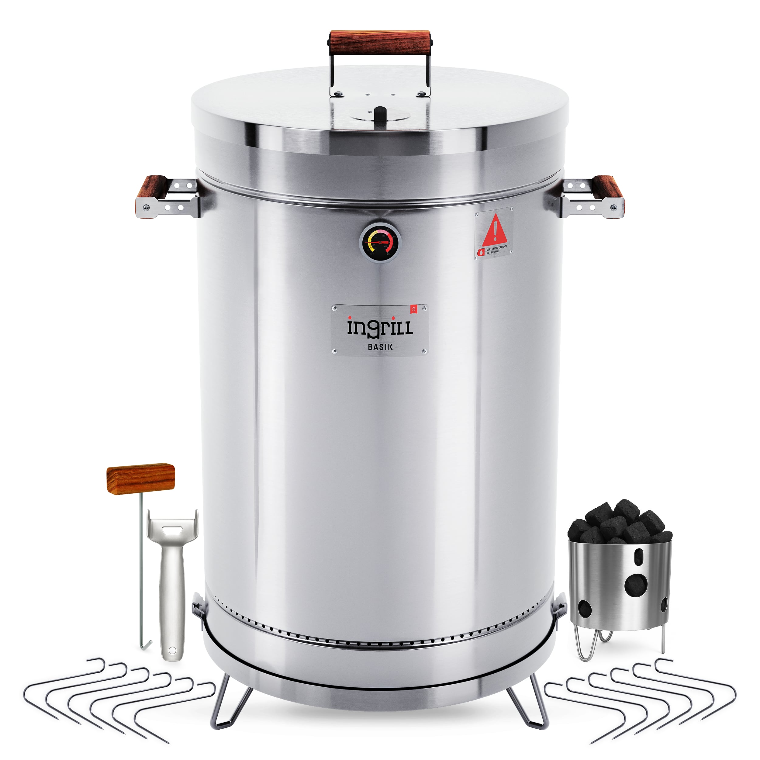 Ingrill - Charcoal Grills - Basic 40 lbs - Smoker Grill 3-in-1 for Cooking & Home BBQ - Stainless Steel