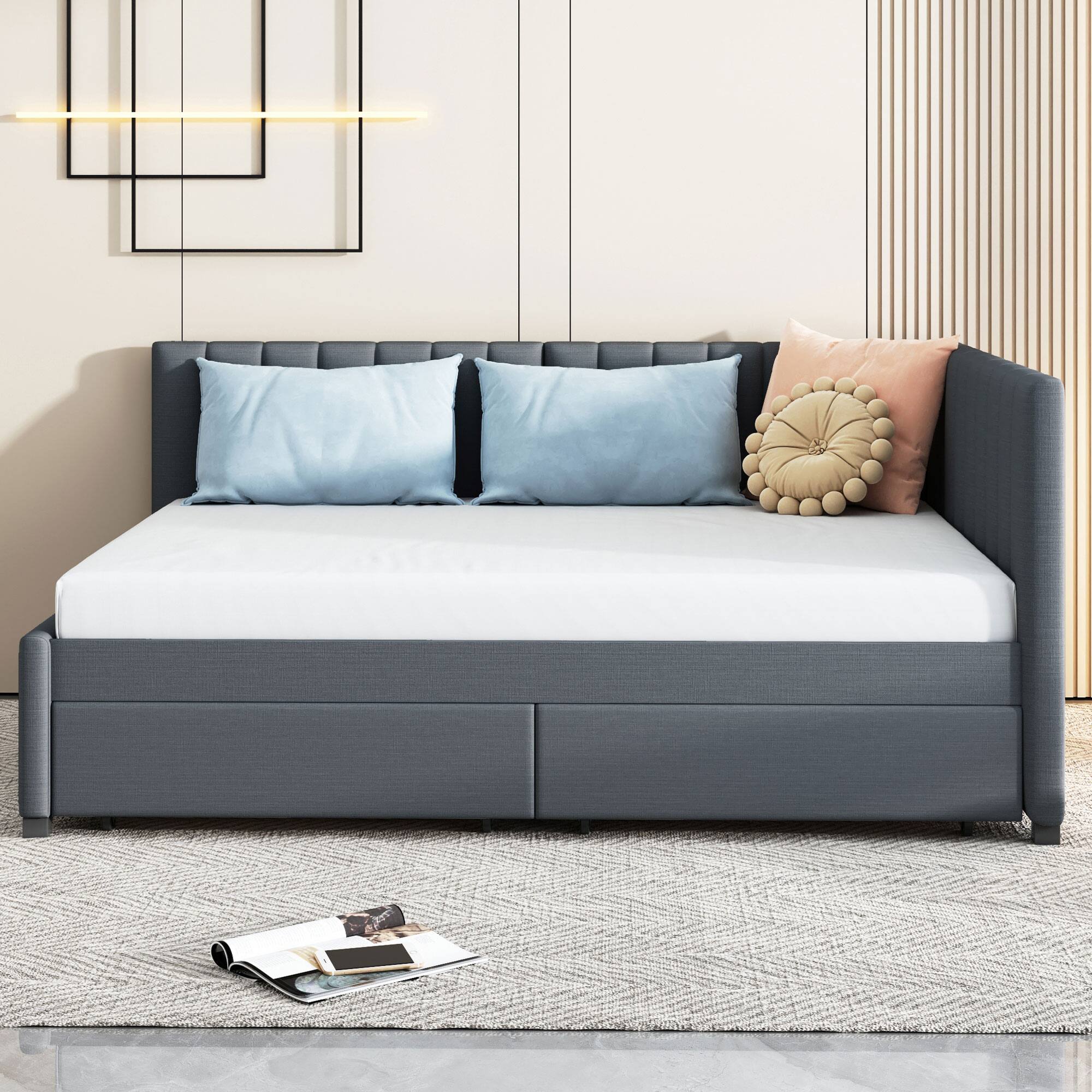 Angle. Tiramisubest - Full Size Upholstered Daybed with 2 Storage Drawers Sofa Bed Frame No Box Spring Needed, Linen Fabric (Gray) - Gray.