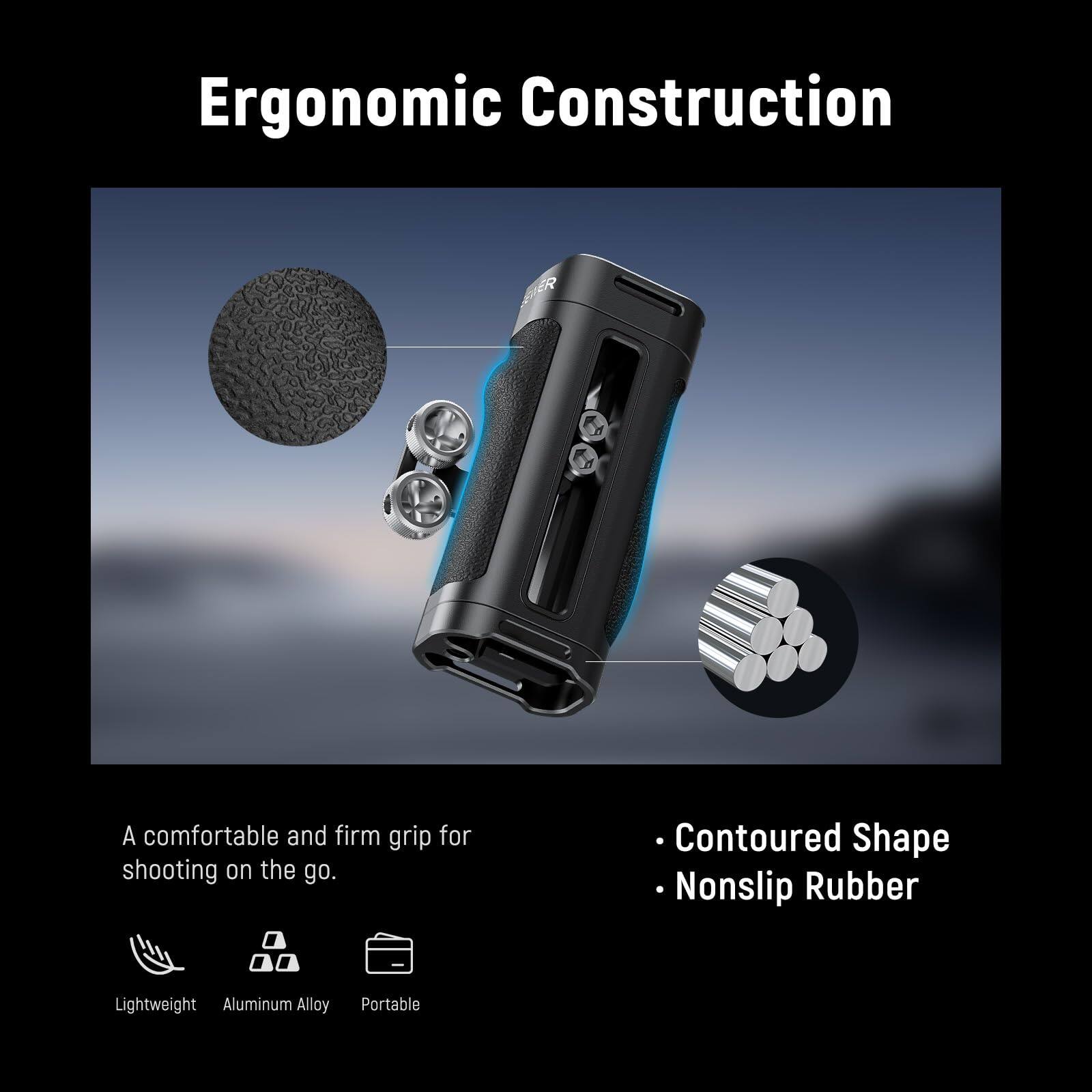 Ergonomic Construction

A comfortable and firm grip for shooting on the go.

- Contoured Shape
- Nonslip Rubber

Lightweight Aluminum Alloy Portable