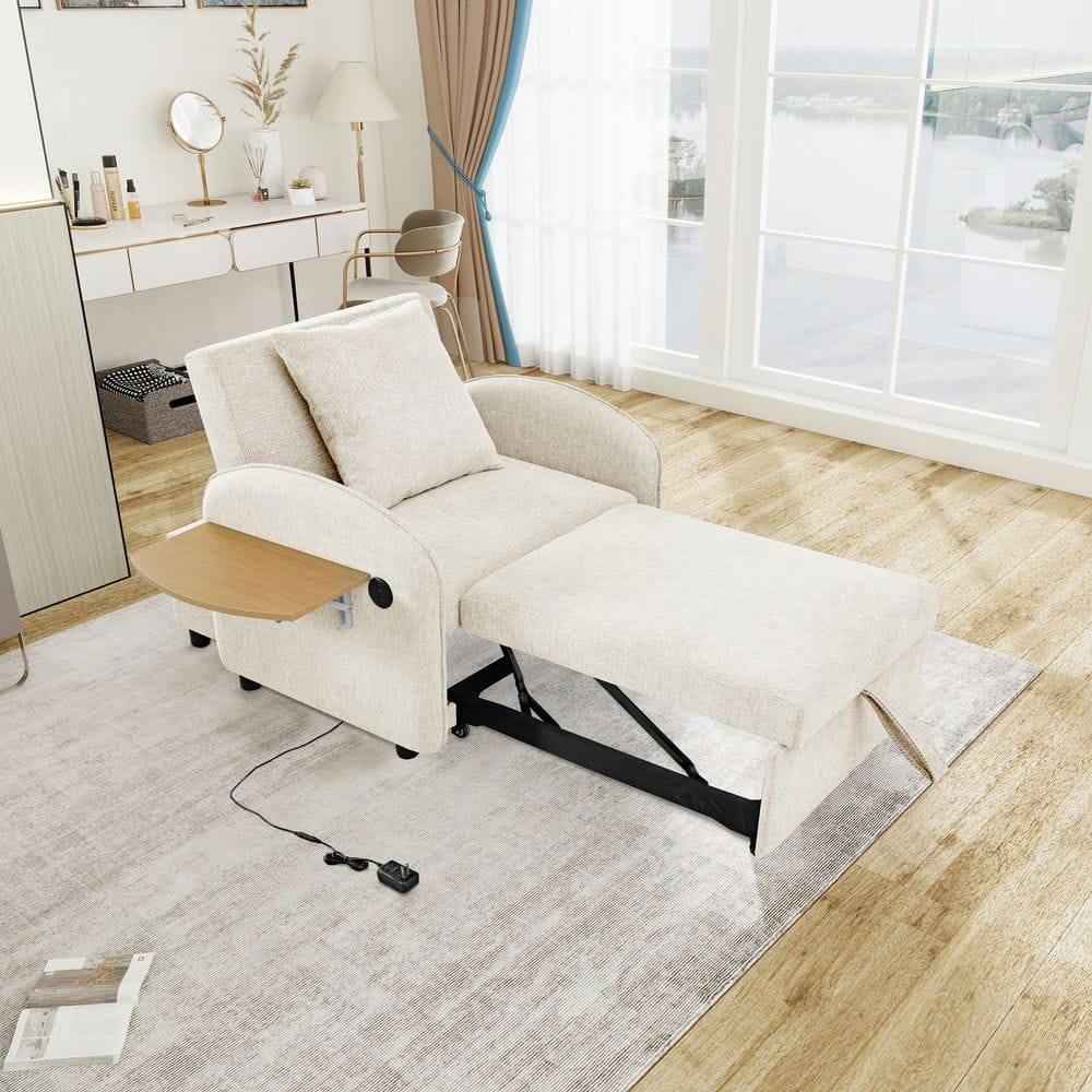 Front. Kadyn - 3-in-1 Multi-Functional Sleeper Chair, Built-In Computer Board and USB Charging Ports, Creamy White - White.