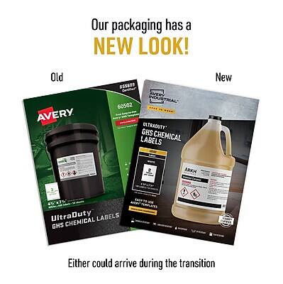 Our packaging has a NEW LOOK!

Old:
- AVERY BS5609
- AVERY INDUSTRIAL 60502
- ULTRADUTY GHS CHEMICAL LABELS

New:
- ARKH UltraDuty CHEMICAL LABELS GHS TEMPLATES

Either could arrive during the transition