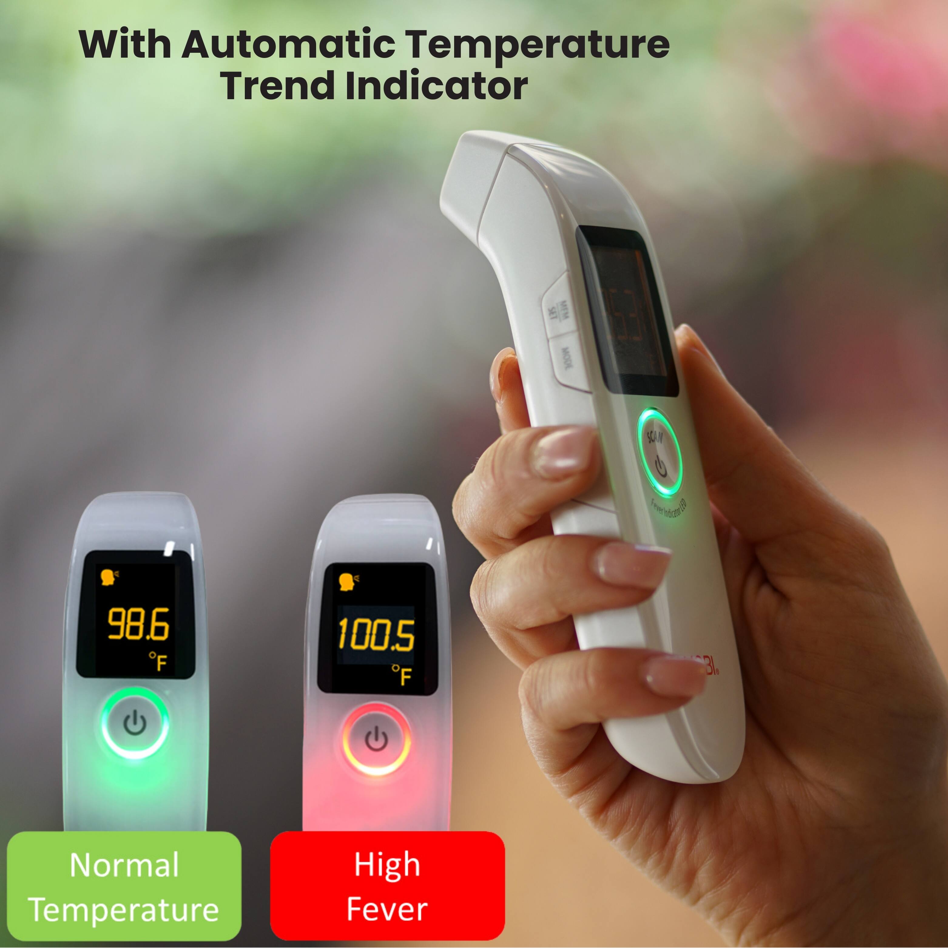 With Automatic Temperature Trend Indicator

98.6°F - Normal Temperature

100.5°F - High Fever