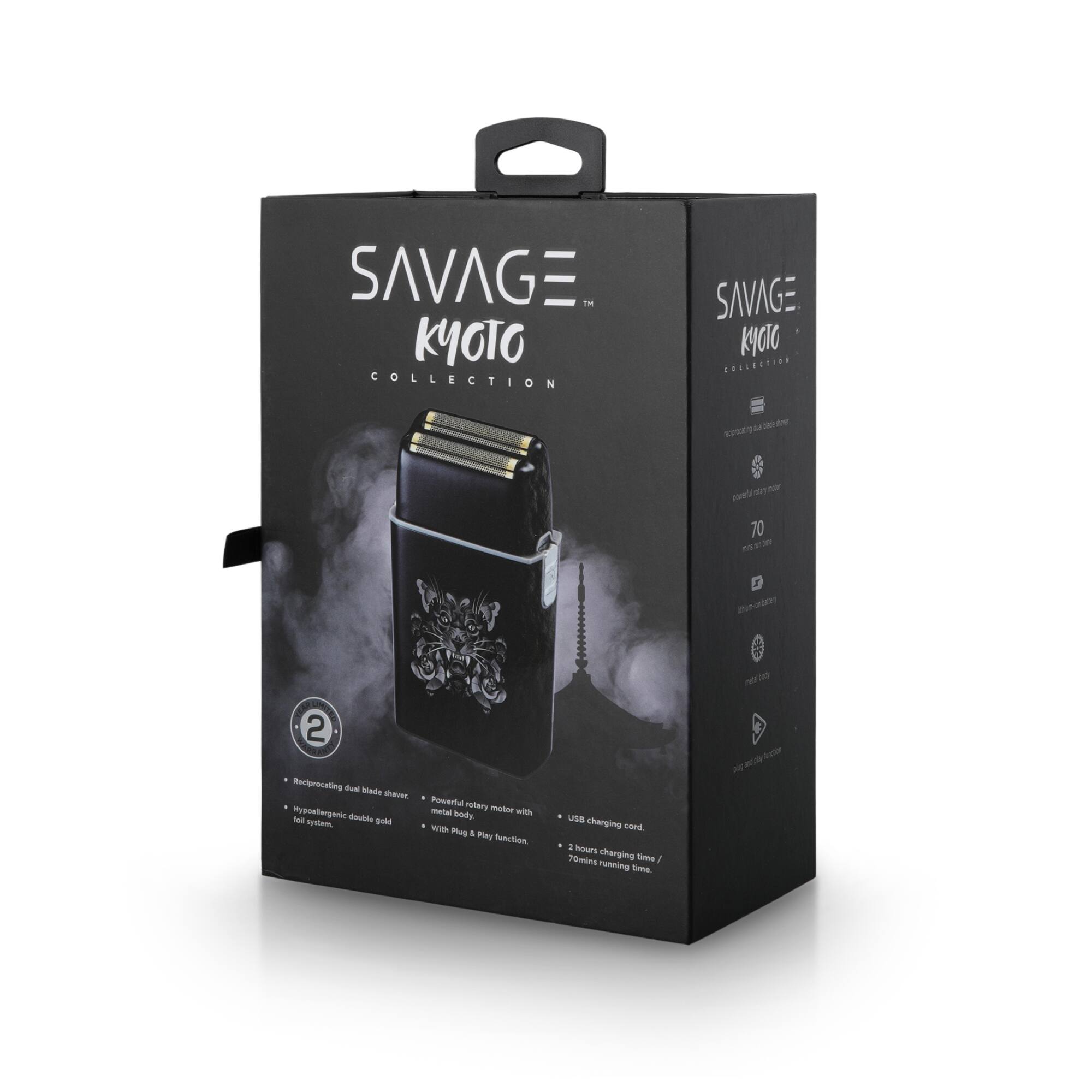 SAVAGE KYOTO COLLECTION

- Reciprocating dual blade shaver
- Hypoallergenic - double gold foil system
- Powerful rotary motor with metal blade
- With Plug & Play function
- USB charging cord
- 2 hours charging time / 70mins running time