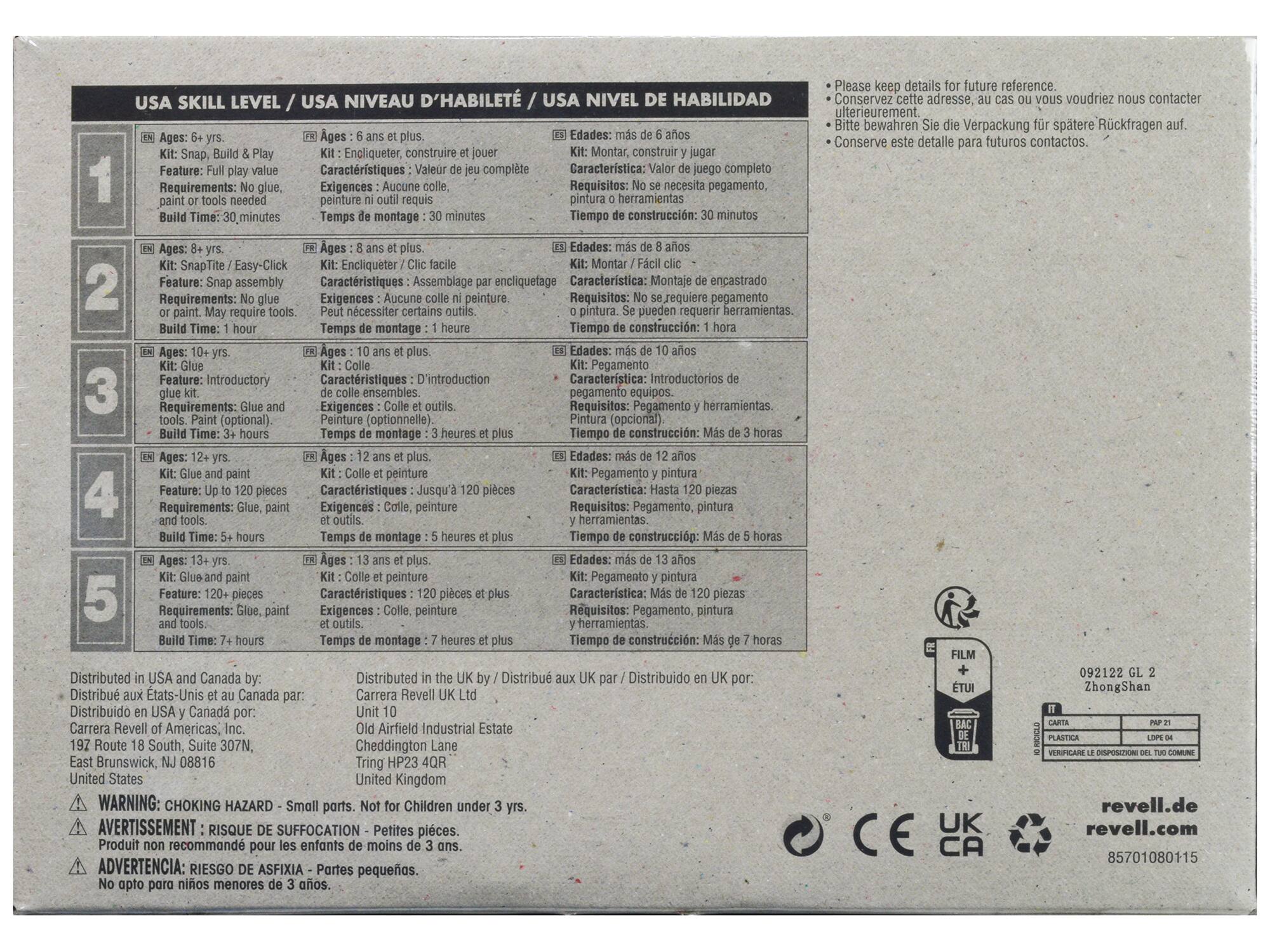 **USA SKILL LEVEL / USA NIVEAU D'HABILITÉ / USA NIVEL DE HABILIDAD**

1. **Ages: 6+ yrs.**  
   Kit: Snap, Build & Play  
   Feature: Full play value  
   Requirements: No glue, paint or tools needed  
   Build Time: 30 minutes  
   **Edades: más de 6 años**  
   Kit: Montar, construir y jugar  
   Características: Valor de juego completo  
   Requisitos: No se necesita pegamento, pintura ni herramientas  
   Tiempo de construcción: 30 minutos  
   **Âges: 6 ans et plus**  
   Kit: Encliqueter, construire  
   Características: Assemblage par encliquetage  
   Exigences: Aucune colle ni peinture.  
   Temps de montage: 30 minutes  

2. **Ages: 8+ yrs.**  
   Kit: SnapIt / Easy-Click  
   Feature: Snap assembly  
   Requirements: No glue or paint. May require tools.  
   Build Time: 1 hour  
   **Edades: