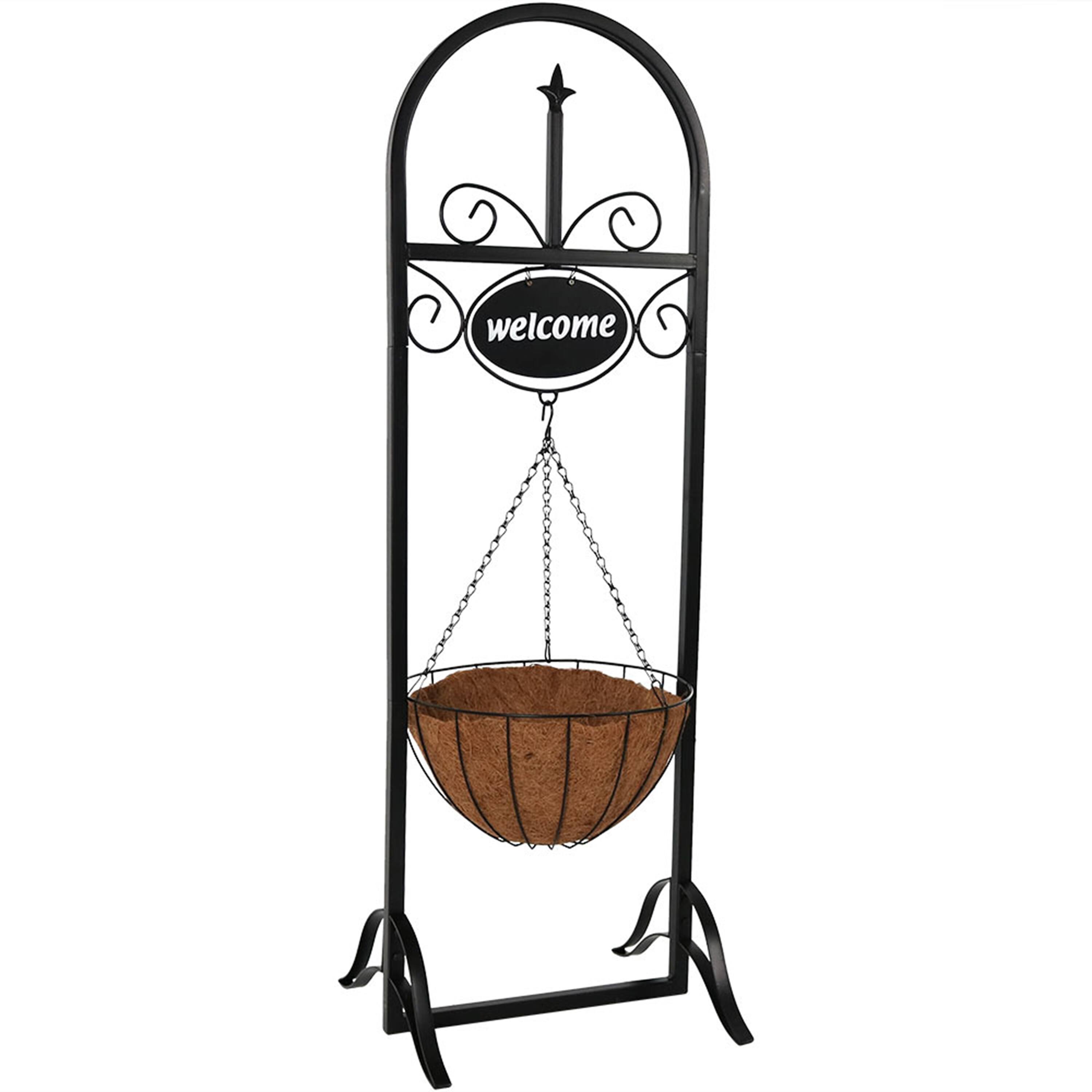 Alt View 4. Sunnydaze - Iron Frame Hanging Basket Planter with Welcome Sign - 48 in - Black.