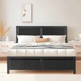 Vecelo - Full Bed Frame with Wood Headboard, Heavy-Duty Metal Platform, No Box Spring Needed, Storage Space, Easy Assembly - Black
